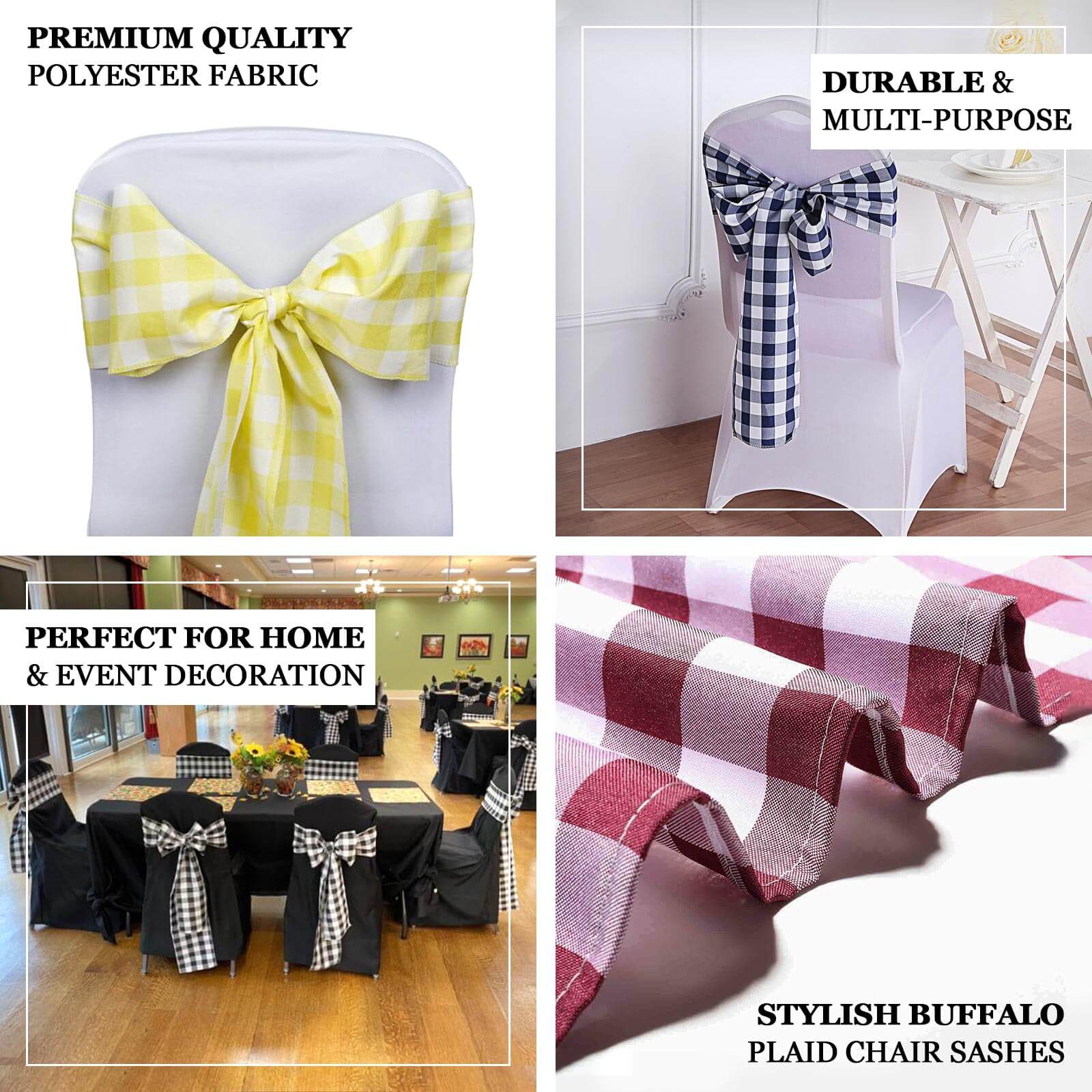 5 Pack Polyester Chair Sashes 6"x108" Navy Blue/White Buffalo Plaid Pattern - Easy to Use Checkered Chair Bows - Image 4
