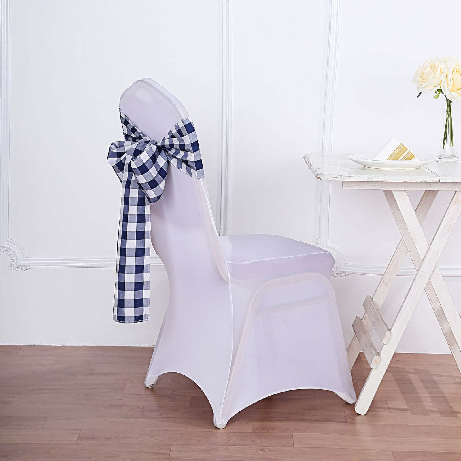 5 Pack Polyester Chair Sashes 6"x108" Navy Blue/White Buffalo Plaid Pattern - Easy to Use Checkered Chair Bows - Image 8