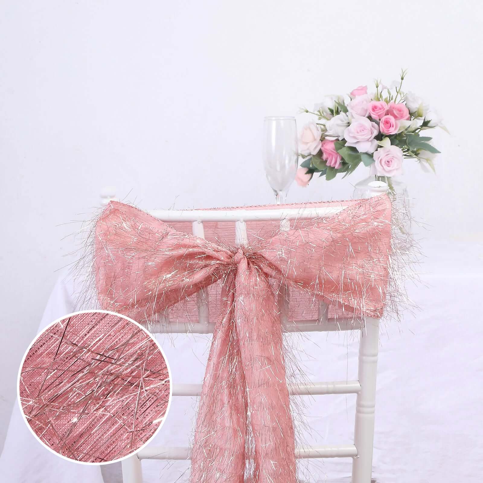 5 Pack Polyester Chair Sashes 6"x108" Rose Gold Metallic Tinsel Fringe - Durable & Reusable Chair Bows - Image 3