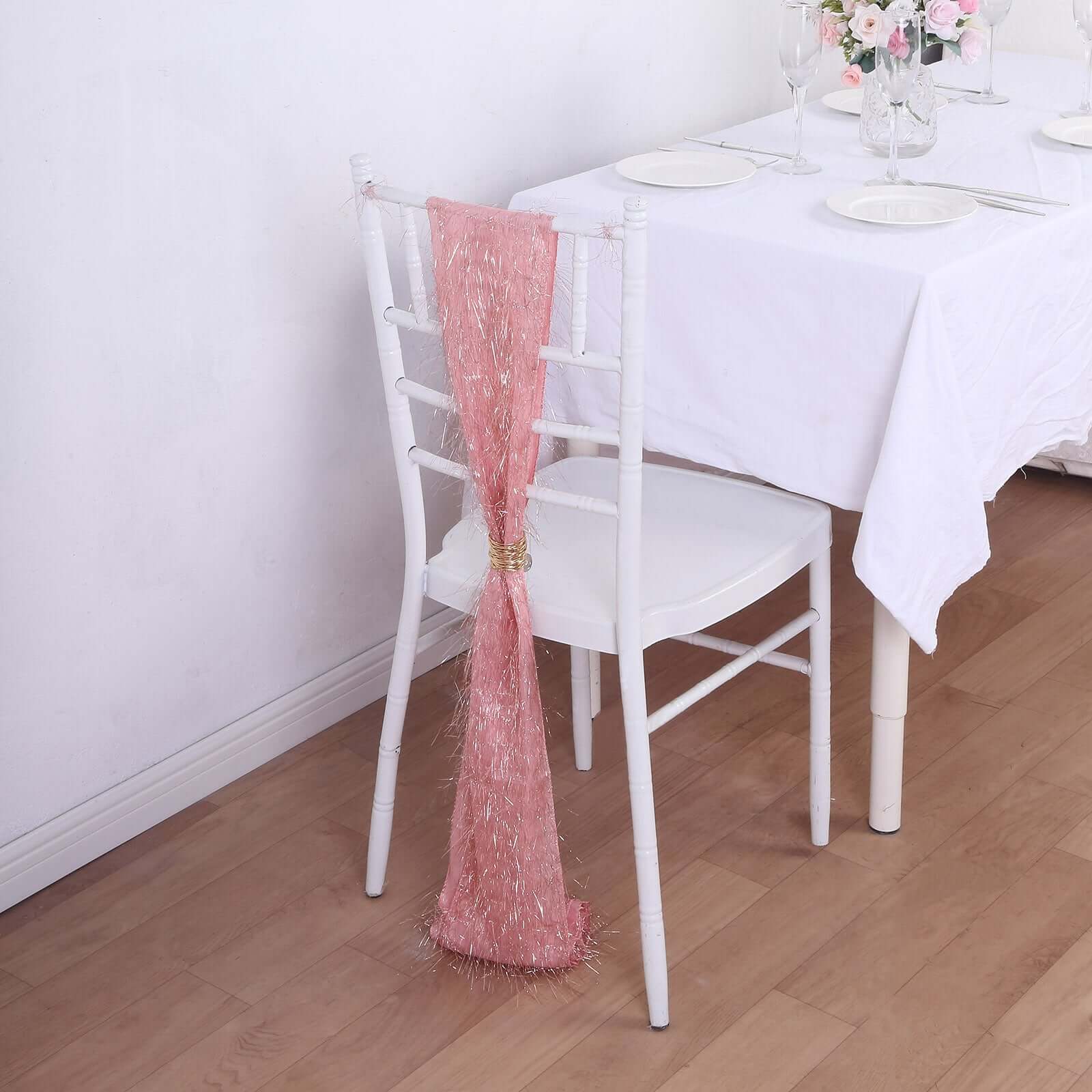 5 Pack Polyester Chair Sashes 6"x108" Rose Gold Metallic Tinsel Fringe - Durable & Reusable Chair Bows - Image 4