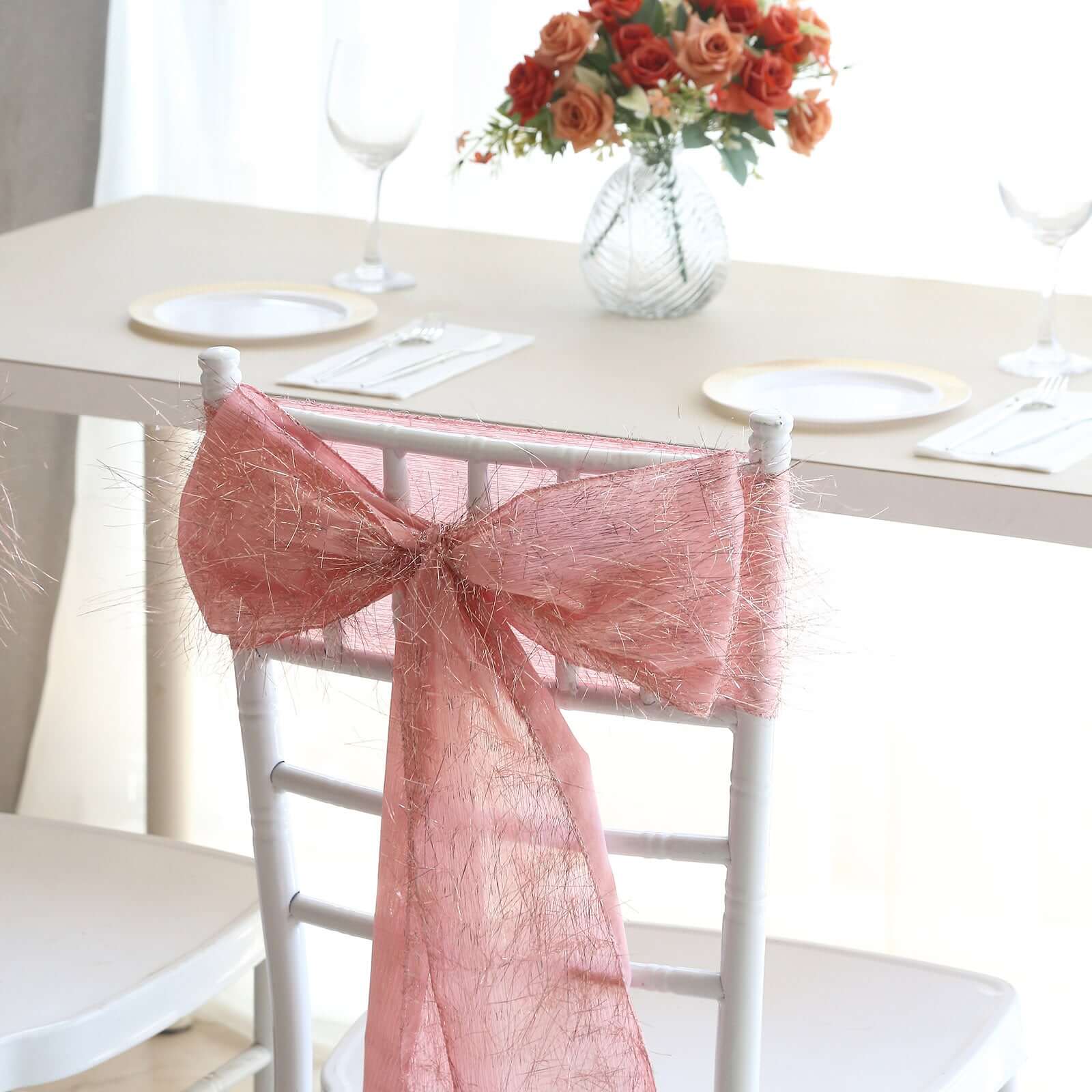 5 Pack Polyester Chair Sashes 6"x108" Rose Gold Metallic Tinsel Fringe - Durable & Reusable Chair Bows - Image 5