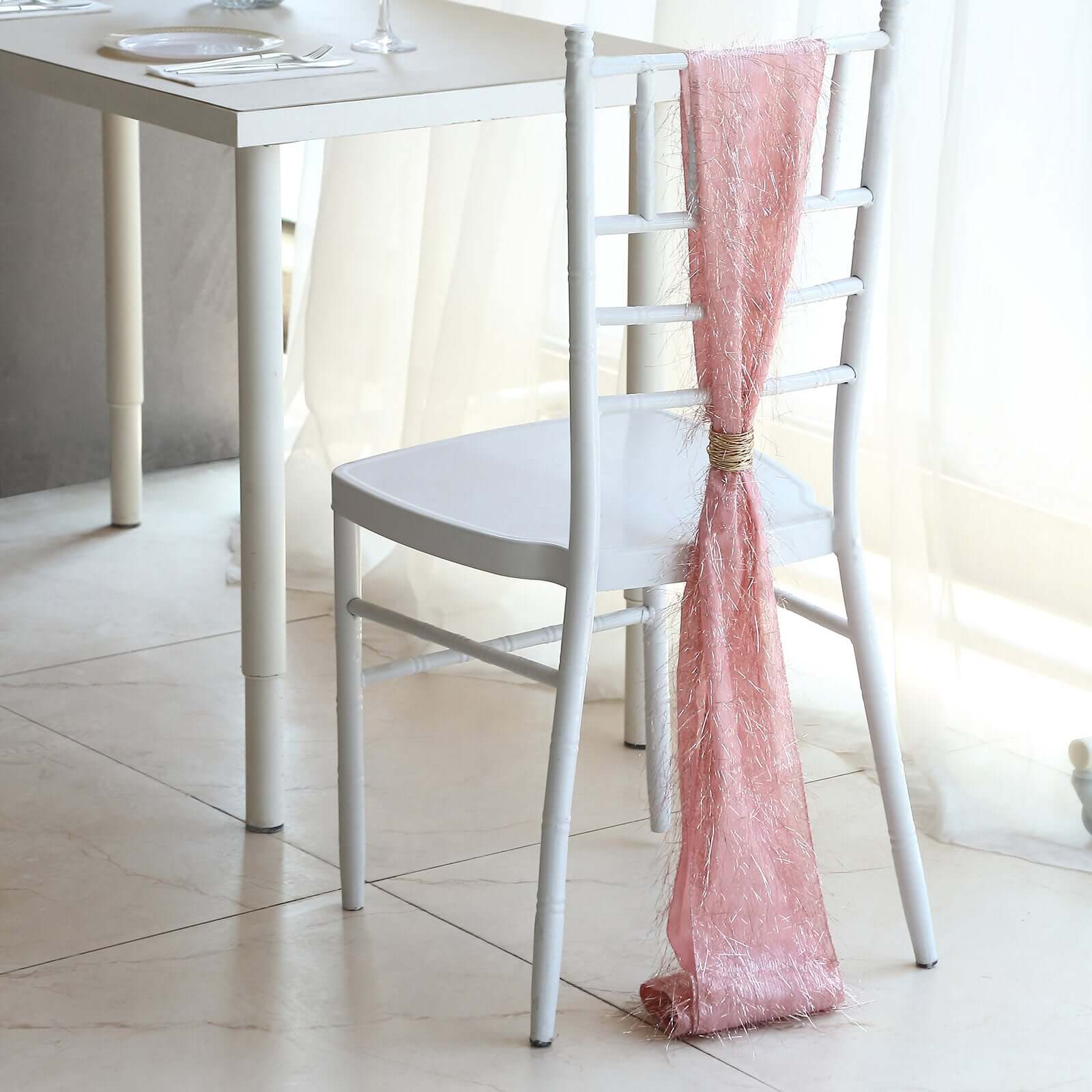 5 Pack Polyester Chair Sashes 6"x108" Rose Gold Metallic Tinsel Fringe - Durable & Reusable Chair Bows - Image 8