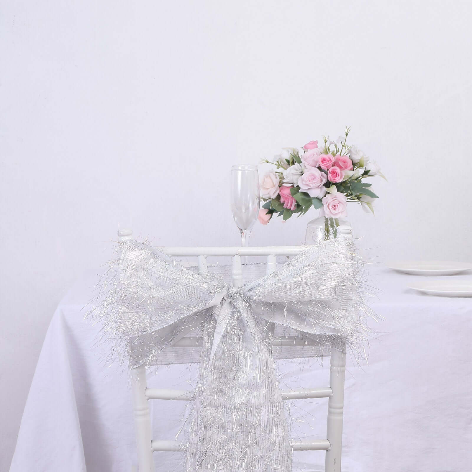 5 Pack Polyester Chair Sashes 6"x108" Silver Metallic Tinsel Fringe - Durable & Reusable Chair Bows - Image 2