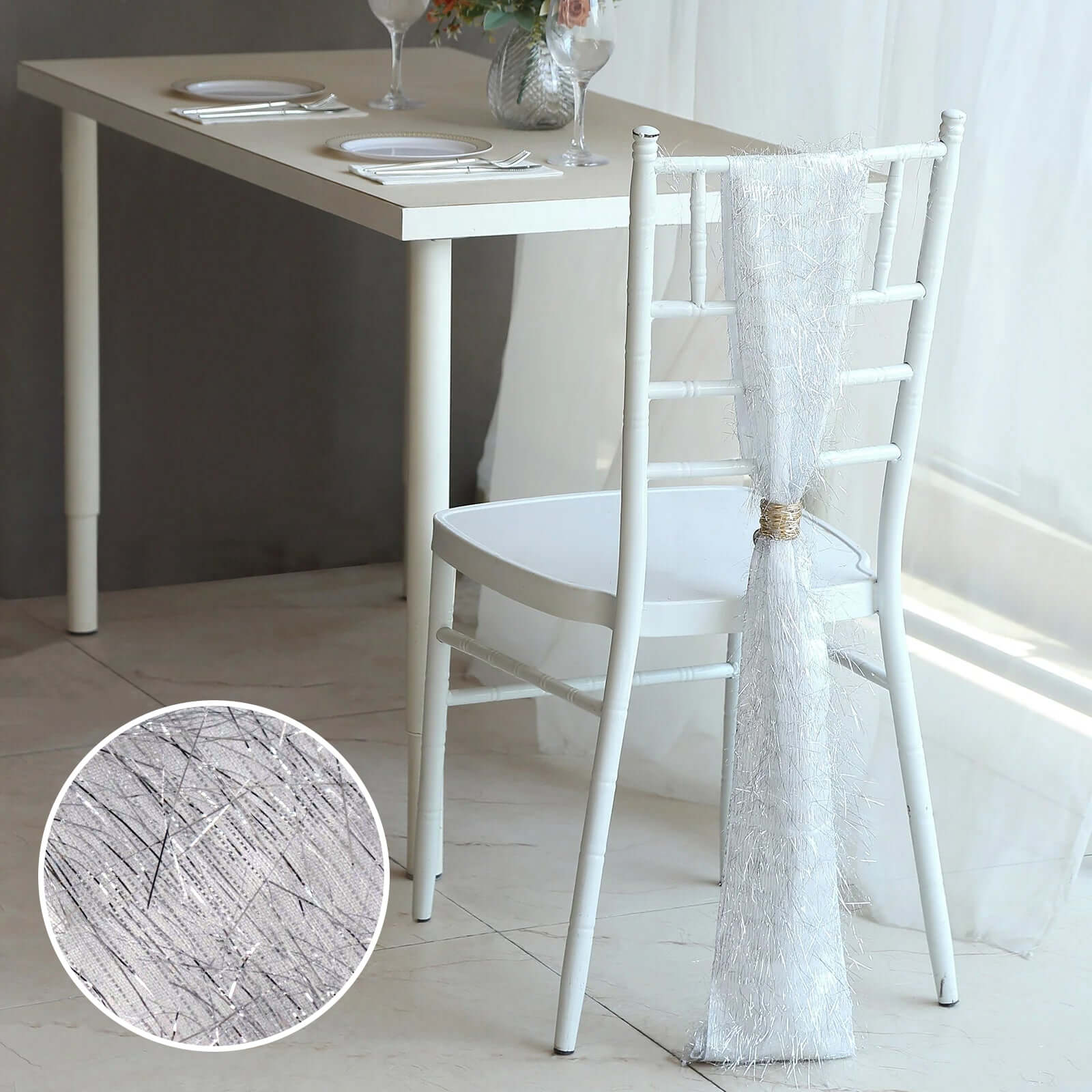 5 Pack Polyester Chair Sashes 6"x108" Silver Metallic Tinsel Fringe - Durable & Reusable Chair Bows - Image 3
