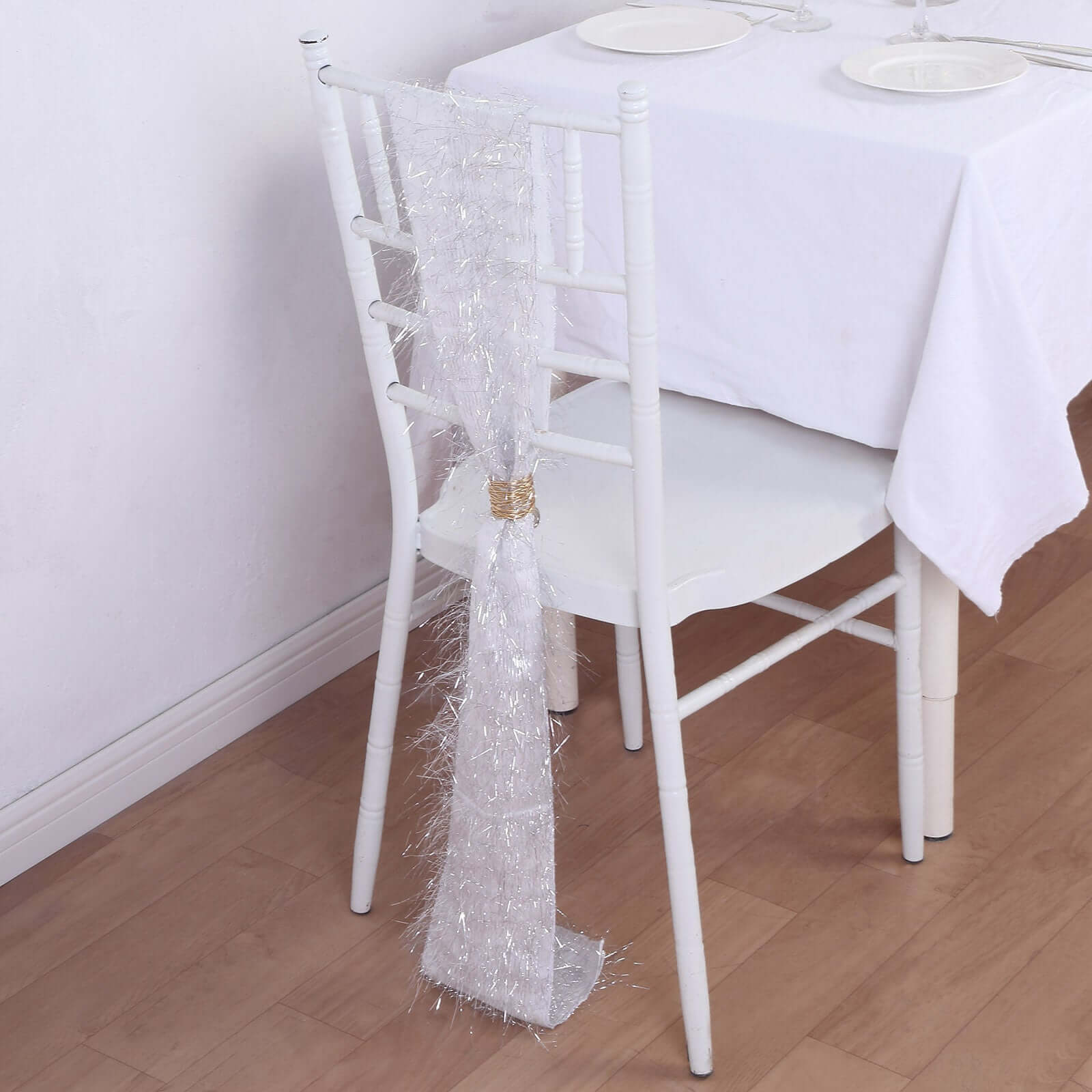 5 Pack Polyester Chair Sashes 6"x108" Silver Metallic Tinsel Fringe - Durable & Reusable Chair Bows - Image 4