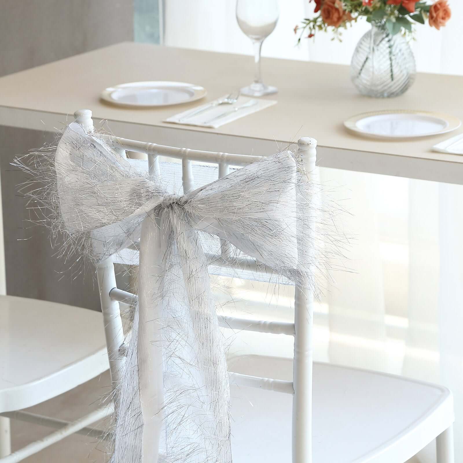 5 Pack Polyester Chair Sashes 6"x108" Silver Metallic Tinsel Fringe - Durable & Reusable Chair Bows - Image 5