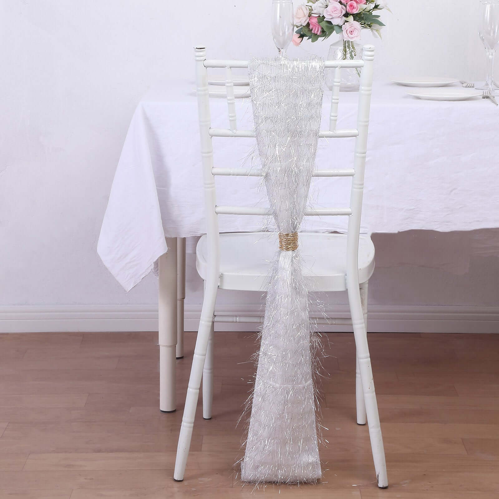 5 Pack Polyester Chair Sashes 6"x108" Silver Metallic Tinsel Fringe - Durable & Reusable Chair Bows - Image 7