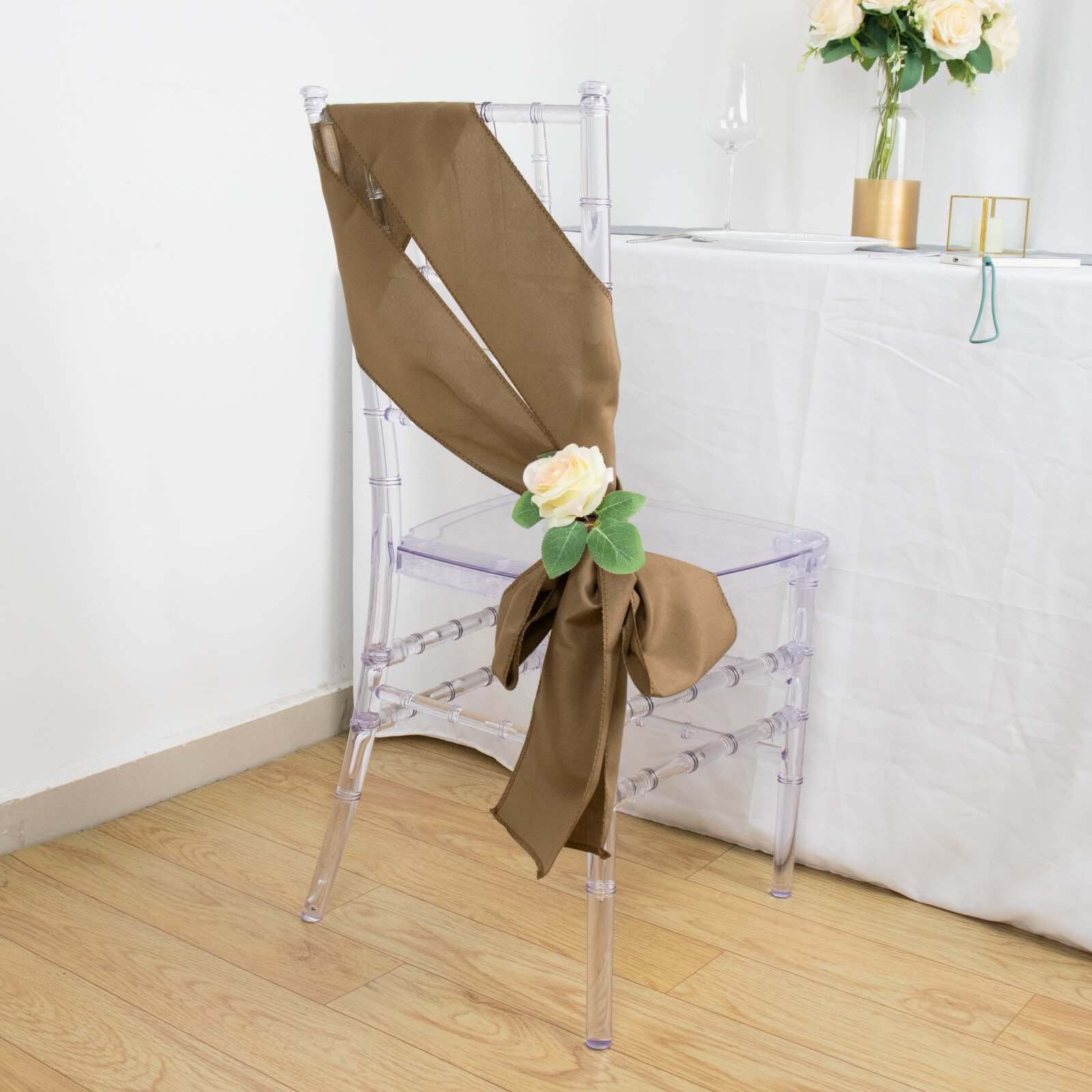 5 Pack Polyester Chair Sashes 6"x108" Taupe - Image 11