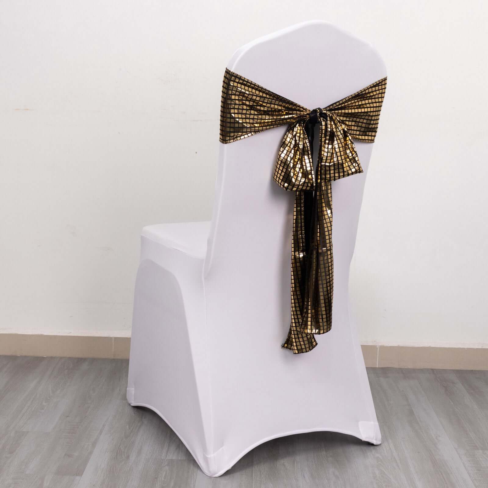5 Pack Polyester Chair Sashes Black/Gold Shiny Foil 6"x108" - Disco Mirror Ball Theme for Events - Image 2
