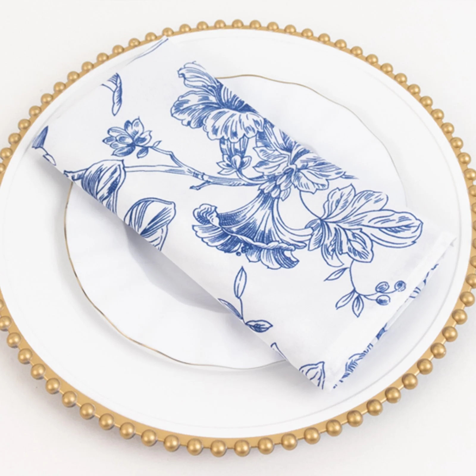 5 Pack Polyester Dinner Napkins 20"x20" White with Blue French Toile Pattern - Chic Floral Cloth Napkins - Image 2