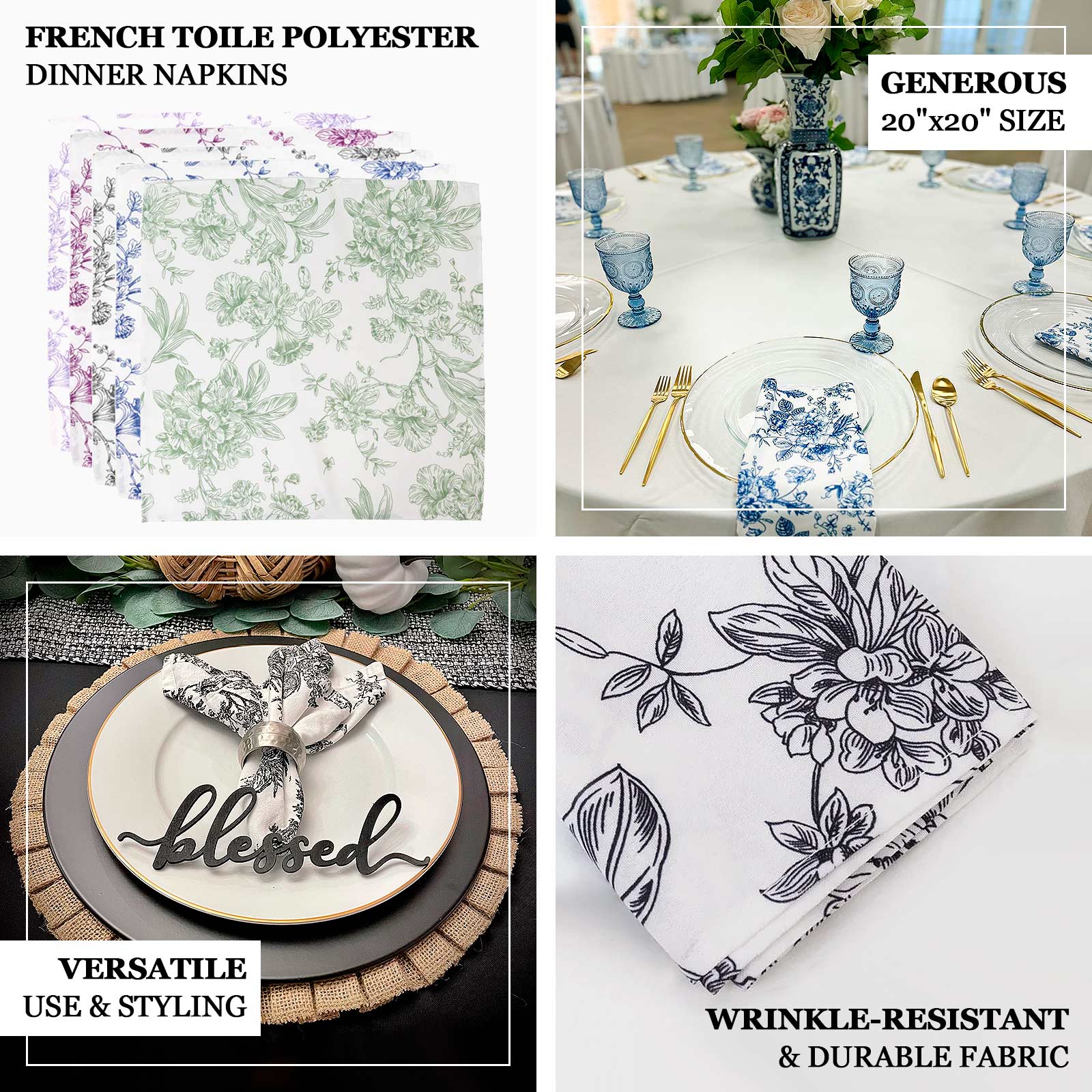 5 Pack Polyester Dinner Napkins 20"x20" White with Blue French Toile Pattern - Chic Floral Cloth Napkins - Image 4