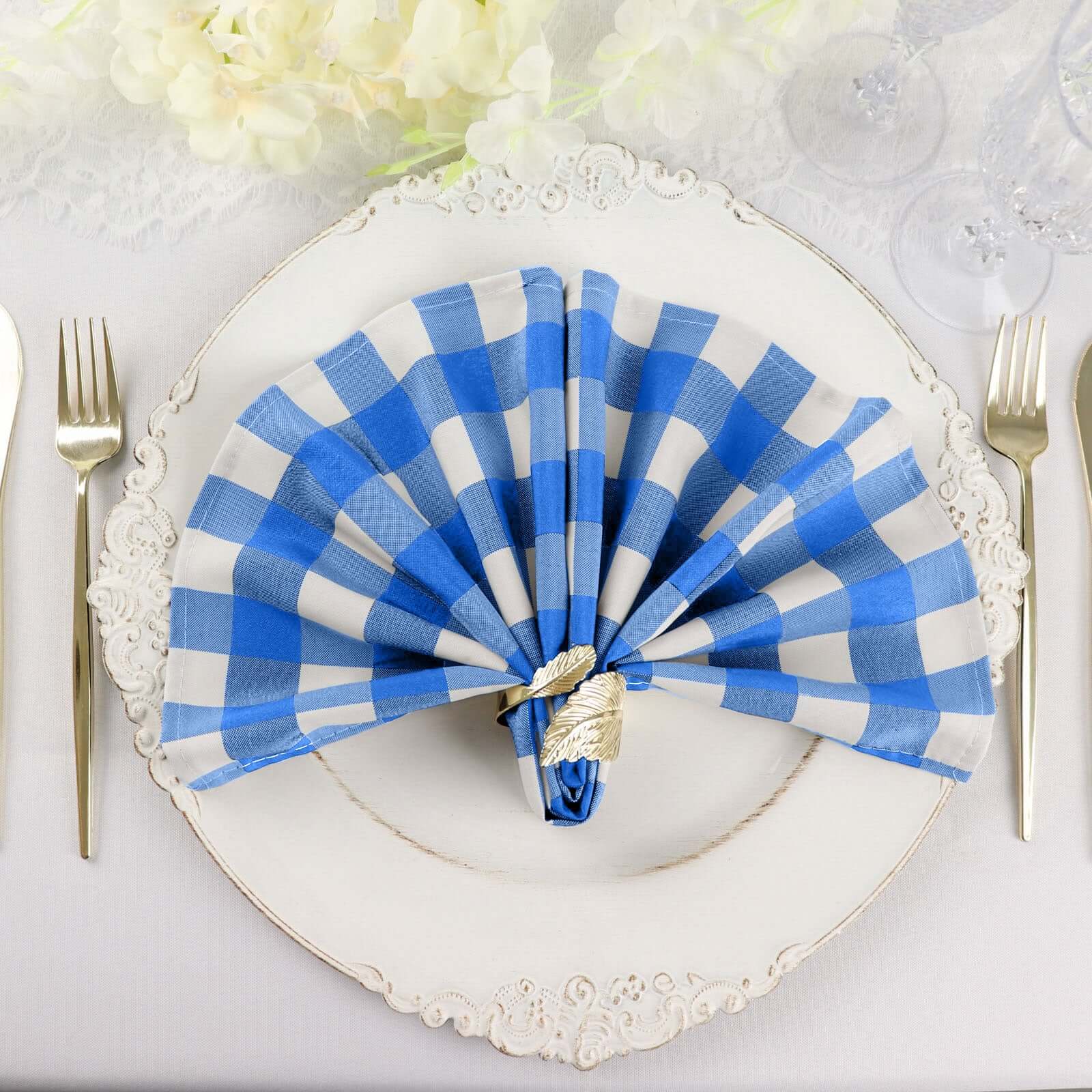 5 Pack Polyester Napkins 15"x15" Blue/White Buffalo Plaid Gingham Style Dinner Napkins - Image 8