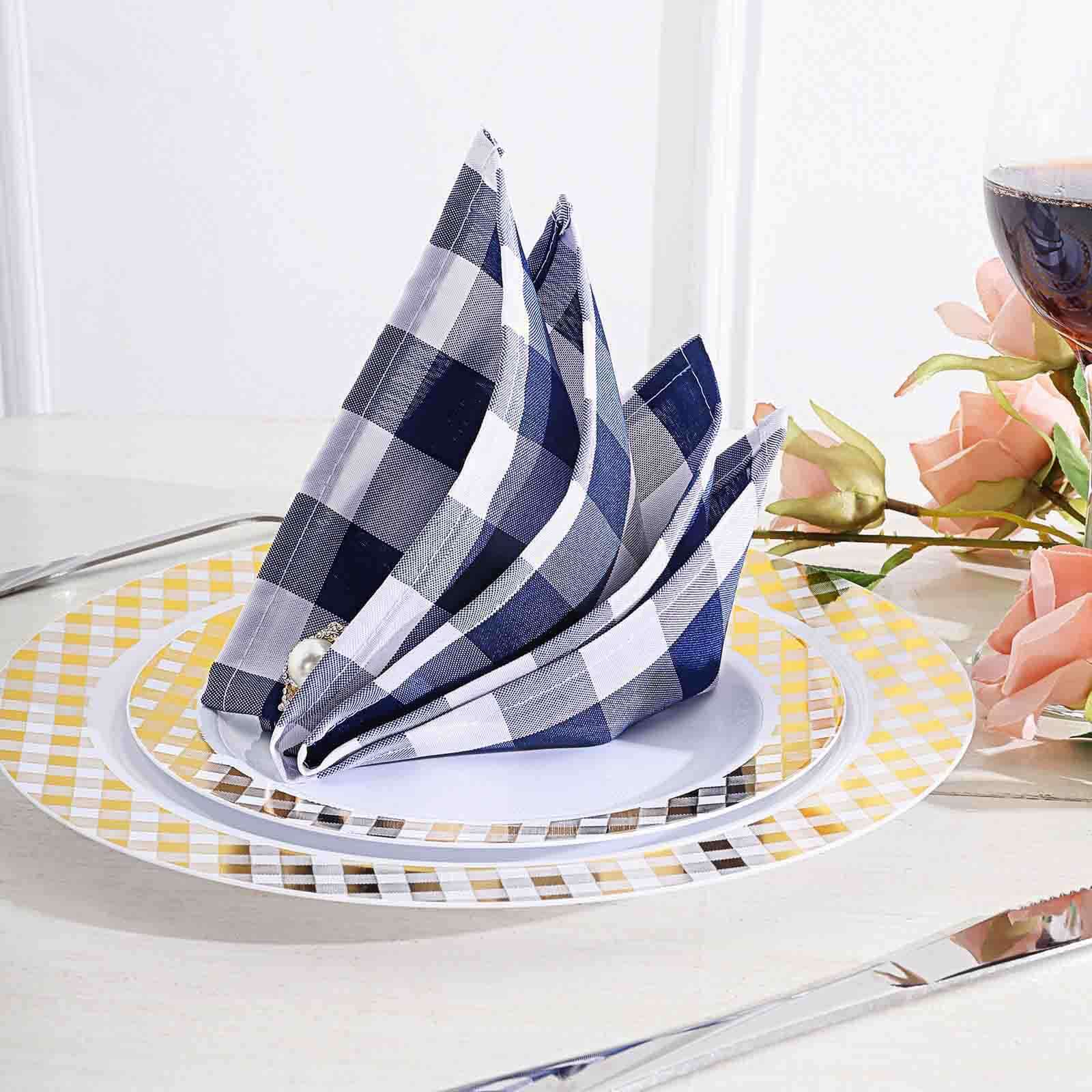 5 Pack Polyester Napkins 15"x15" Navy Blue/White Buffalo Plaid Gingham Style Dinner Napkins - Image 2