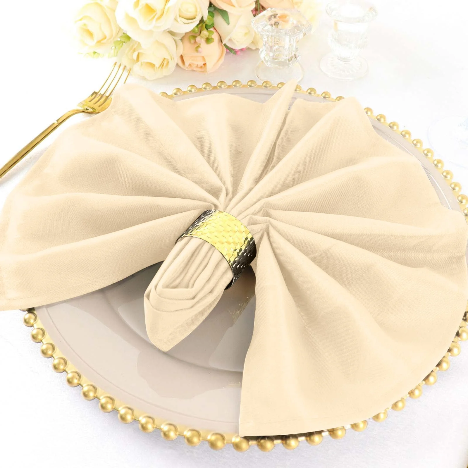 5 Pack Premium Polyester Napkins 20"x20" Beige - Durable & Wrinkle Resistant Dinner Napkins - Image 2