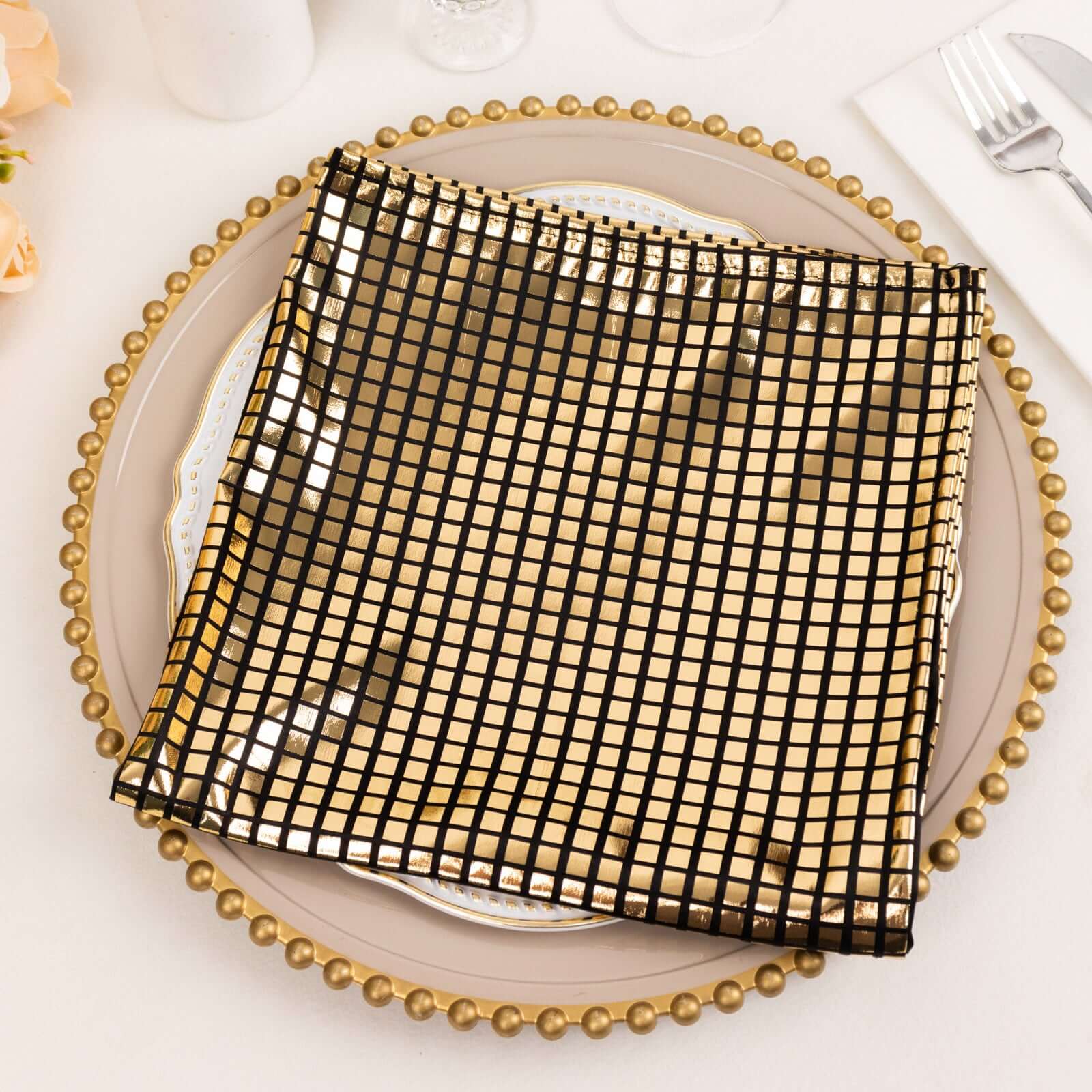 5 Pack Polyester Napkins 20"x20" Black with Shiny Gold Foil Dinner Napkins for Glam Disco & Dance Themes