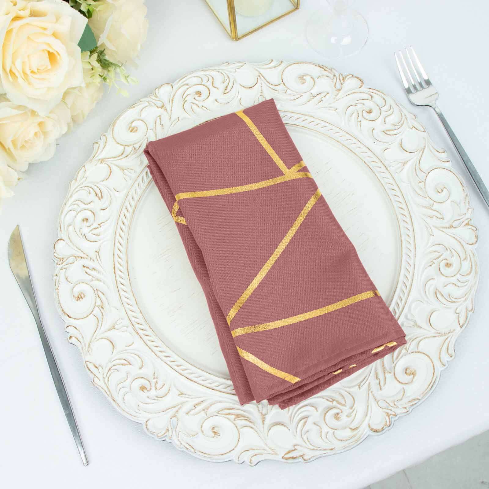 5 Pack Polyester Napkins 20"x20" Cinnamon Rose with Gold Geometric Foil Pattern - Modern Reusable Cloth Napkins - Image 11