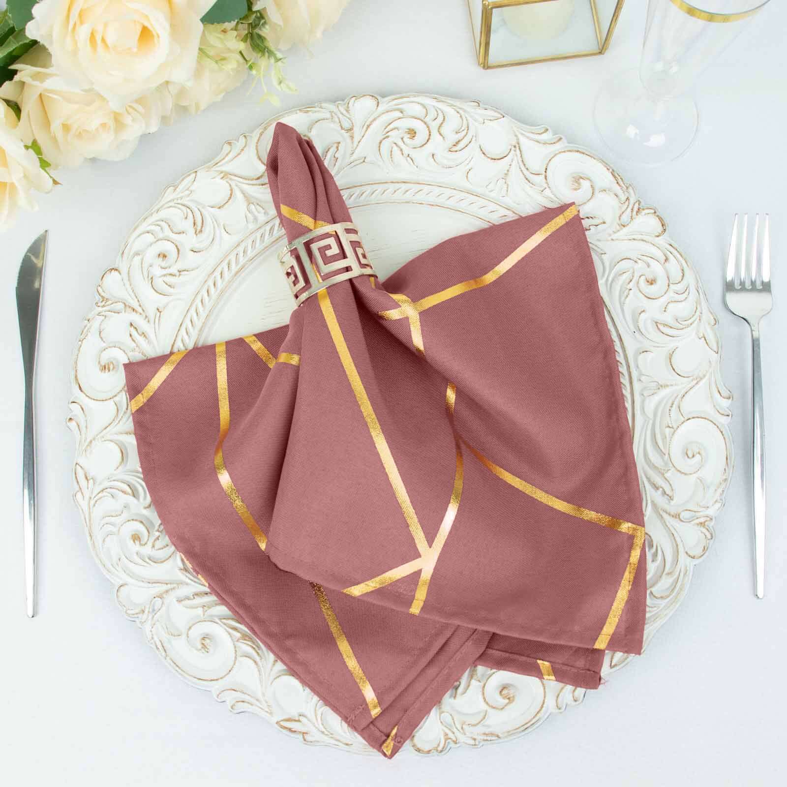 5 Pack Polyester Napkins 20"x20" Cinnamon Rose with Gold Geometric Foil Pattern - Modern Reusable Cloth Napkins - Image 13