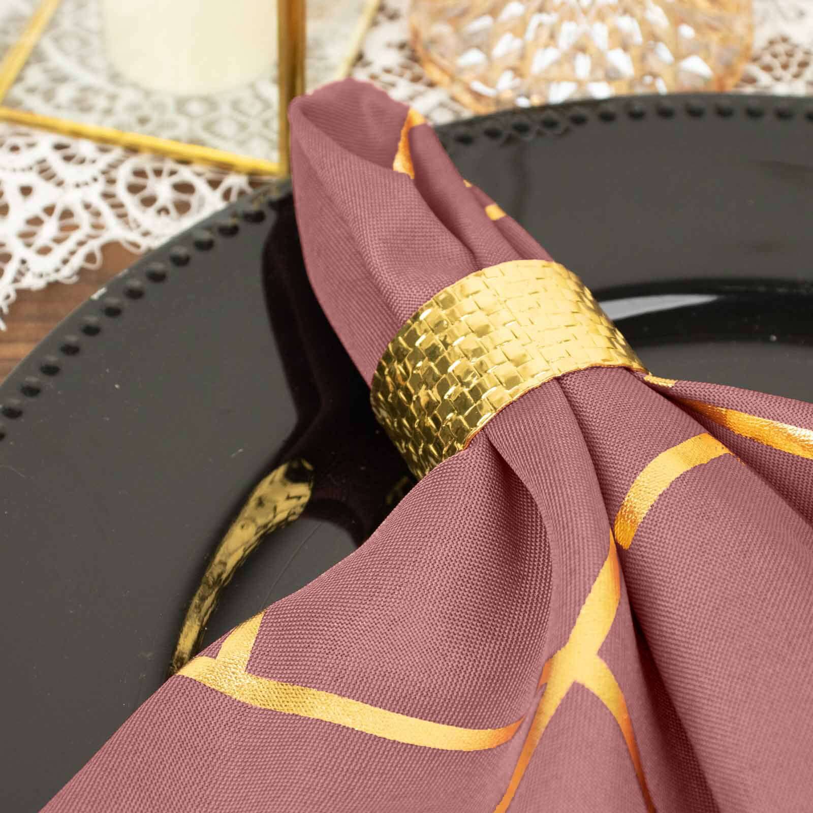 5 Pack Polyester Napkins 20"x20" Cinnamon Rose with Gold Geometric Foil Pattern - Modern Reusable Cloth Napkins - Image 2