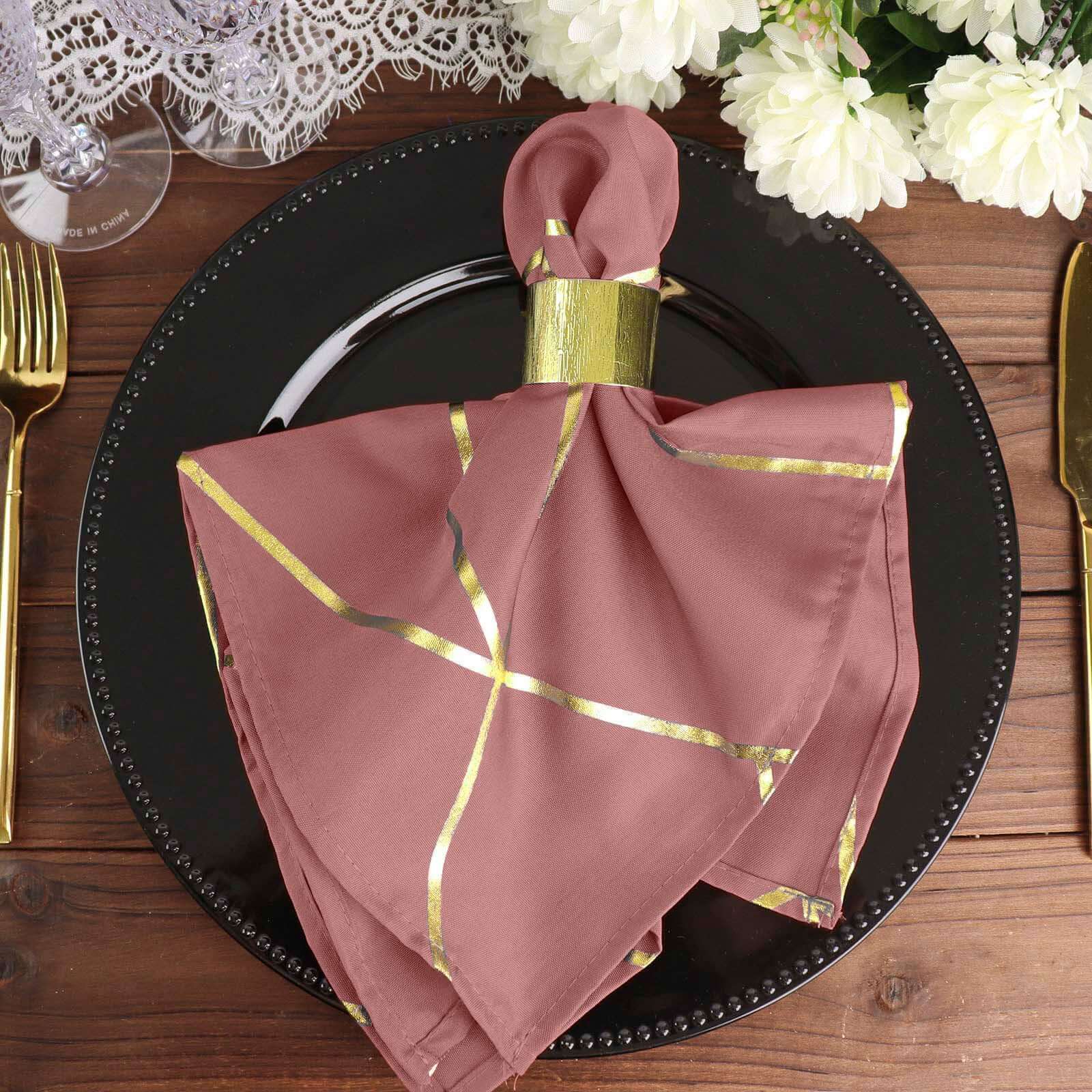 5 Pack Polyester Napkins 20"x20" Cinnamon Rose with Gold Geometric Foil Pattern - Modern Reusable Cloth Napkins - Image 5