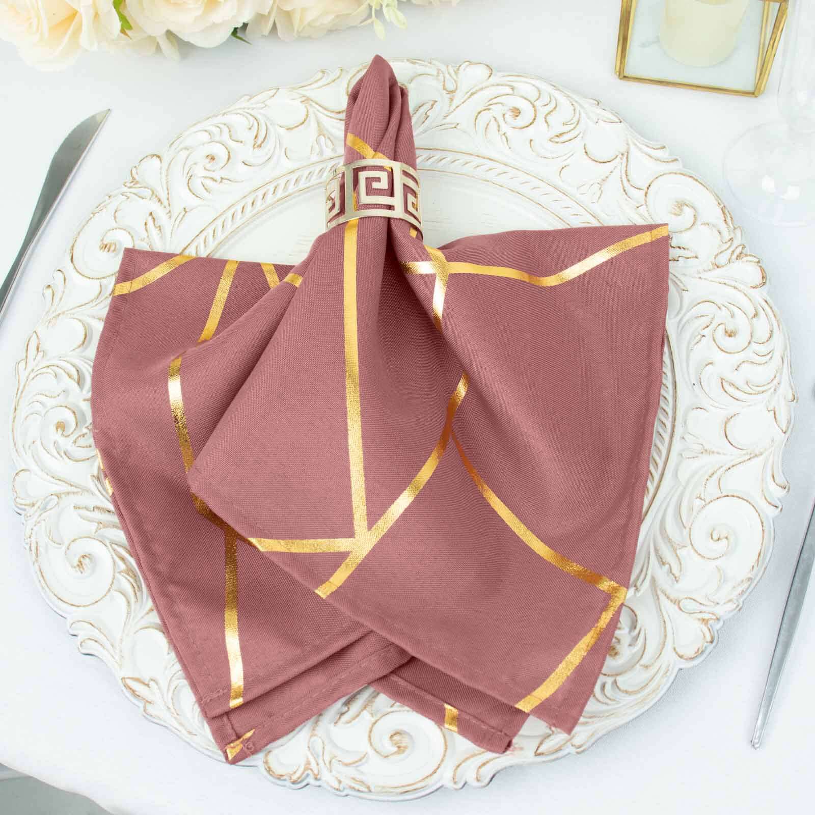 5 Pack Polyester Napkins 20"x20" Cinnamon Rose with Gold Geometric Foil Pattern - Modern Reusable Cloth Napkins - Image 6