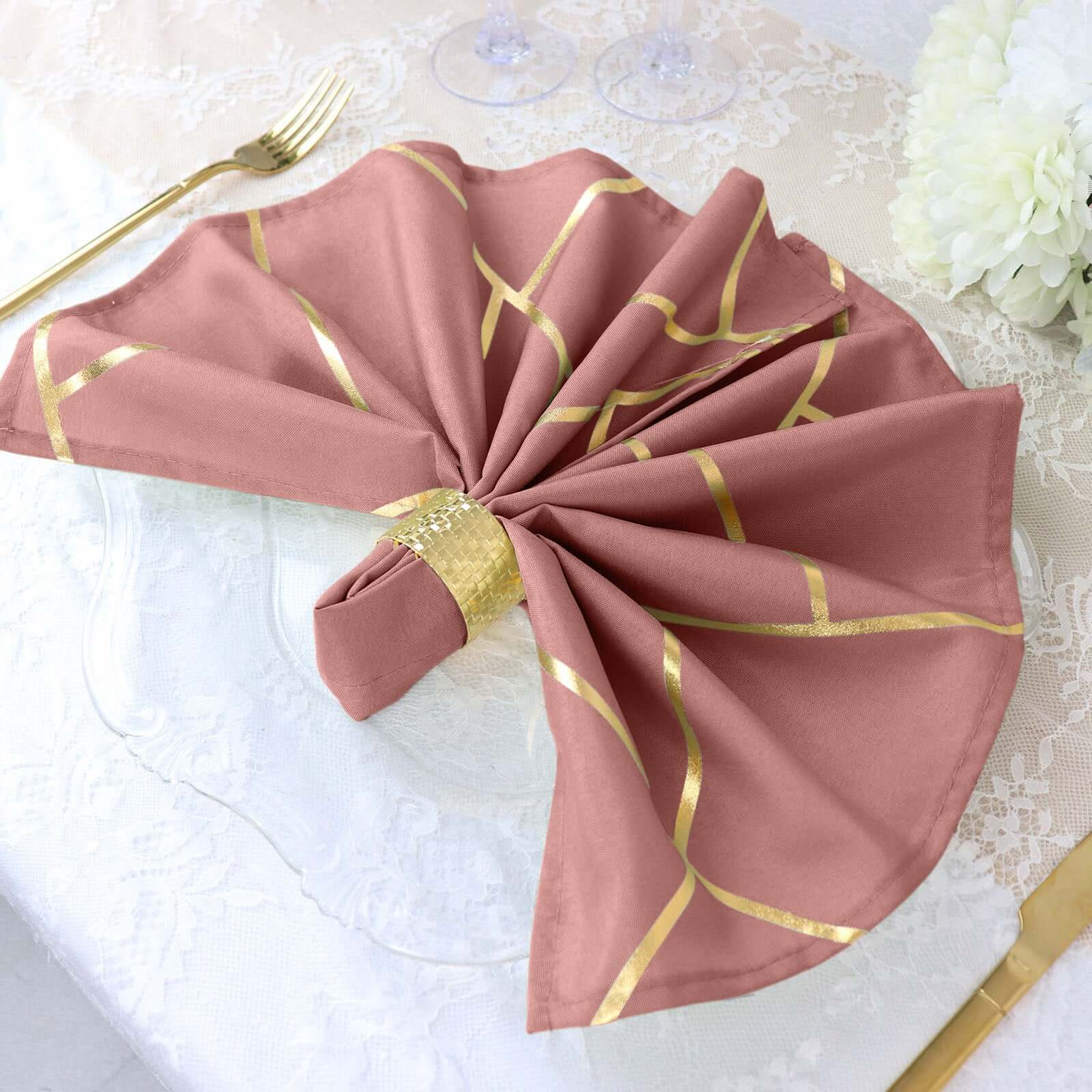 5 Pack Polyester Napkins 20"x20" Cinnamon Rose with Gold Geometric Foil Pattern - Modern Reusable Cloth Napkins - Image 9