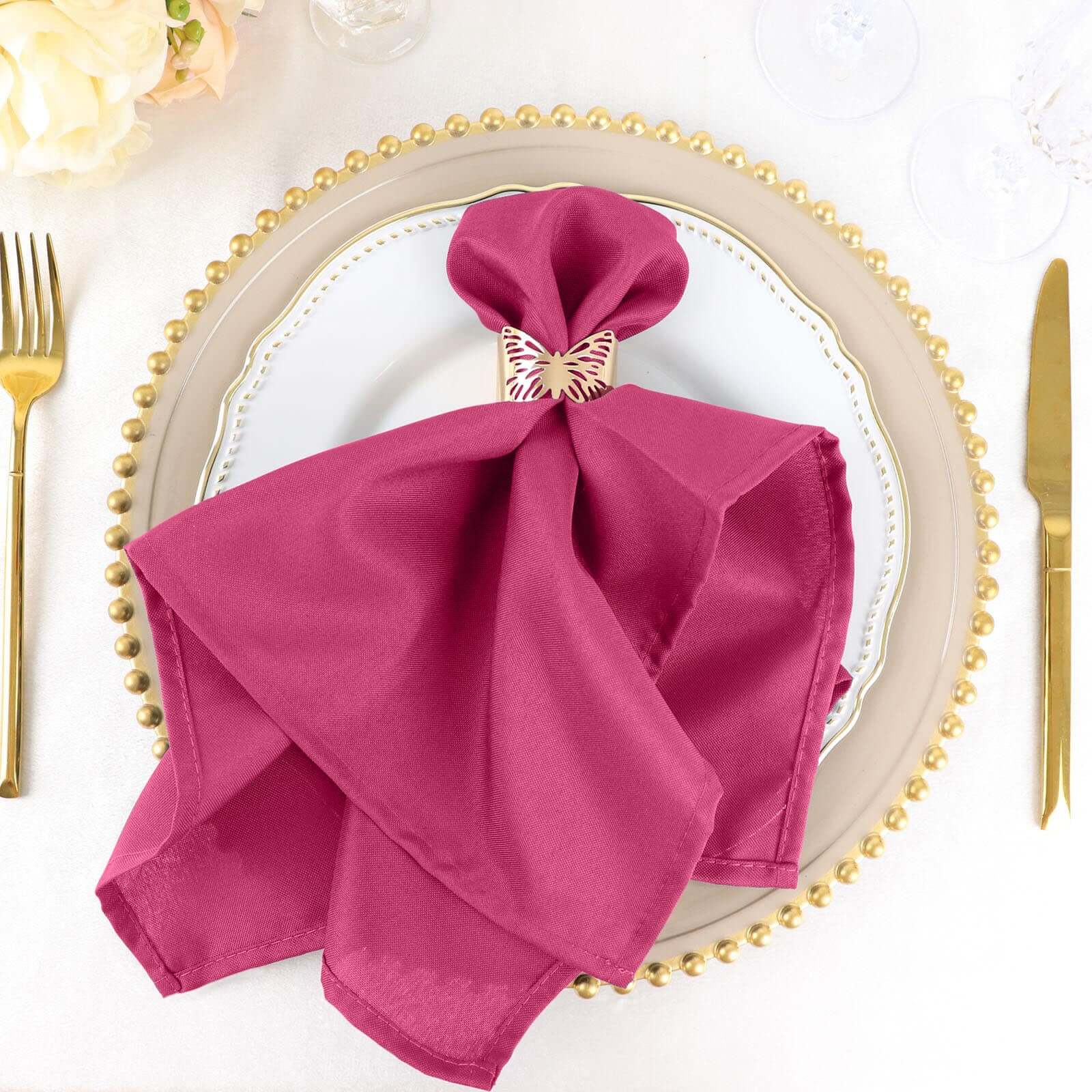 5 Pack Premium Polyester Napkins 20"x20" Fuchsia - Durable & Wrinkle Resistant Dinner Napkins