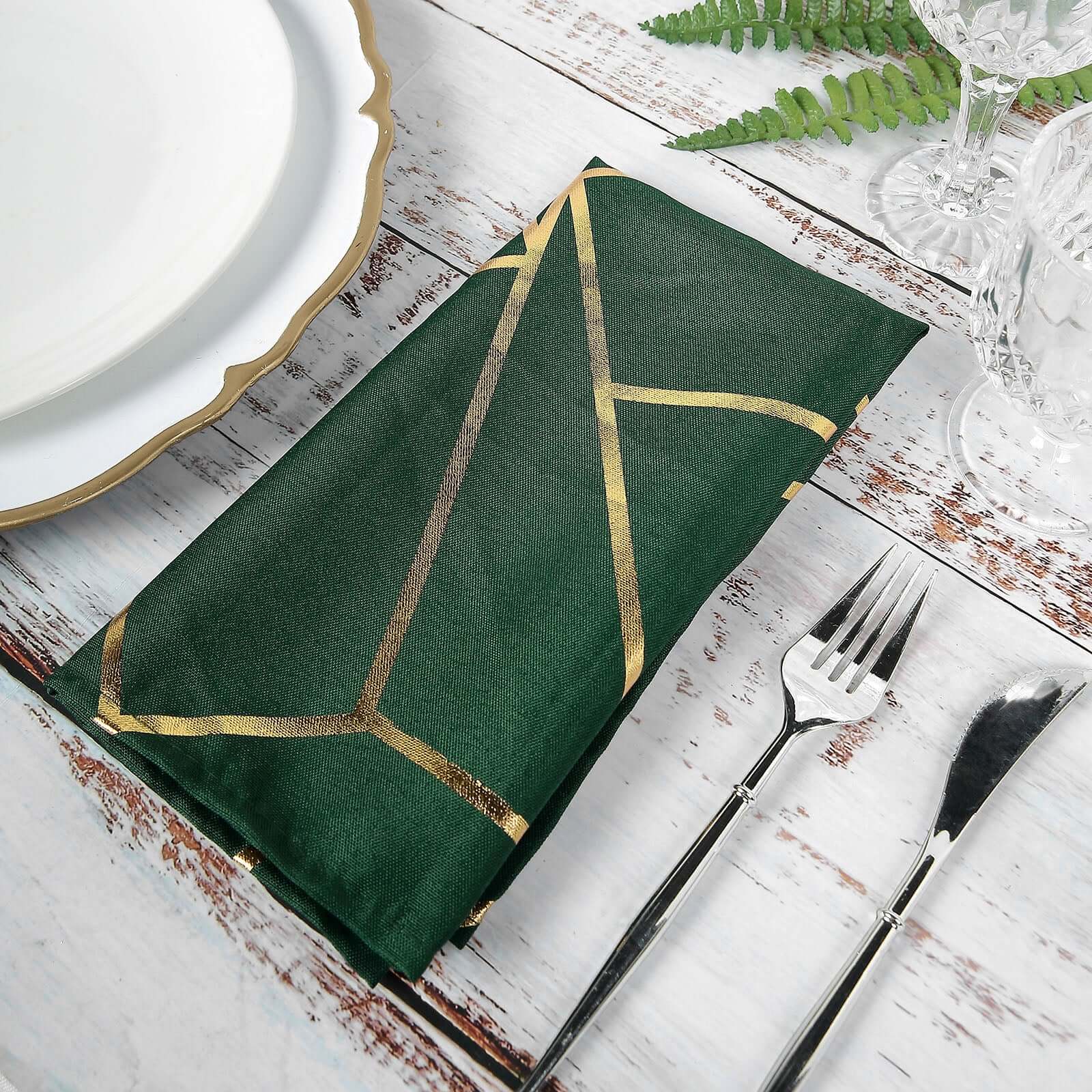 5 Pack Polyester Napkins 20"x20" Hunter Green with Gold Geometric Foil Pattern - Modern Reusable Cloth Napkins - Image 2