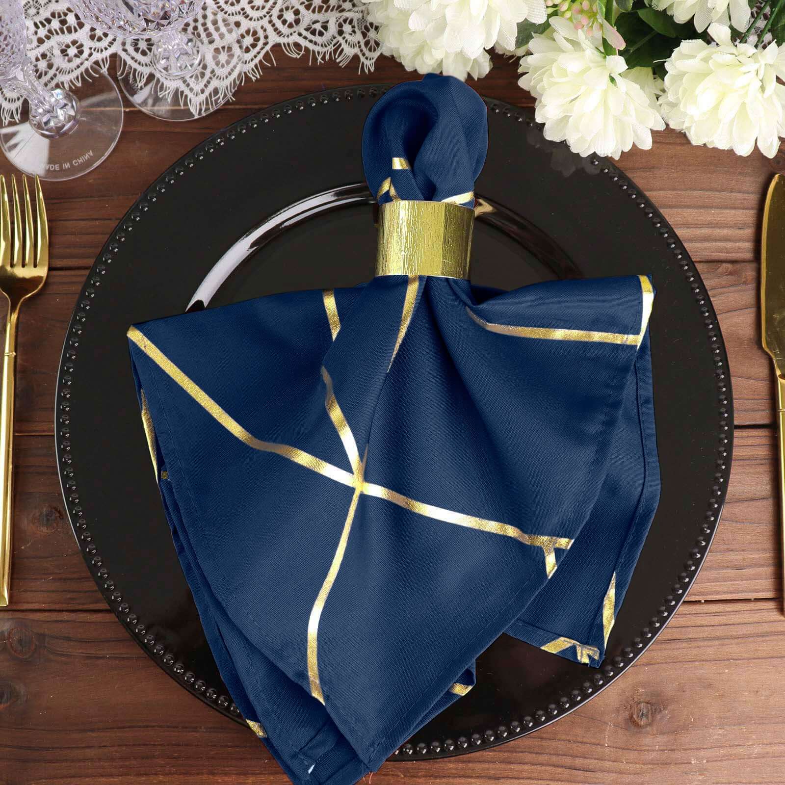 5 Pack Polyester Napkins 20"x20" Navy Blue with Gold Geometric Foil Pattern - Modern Reusable Cloth Napkins - Image 4