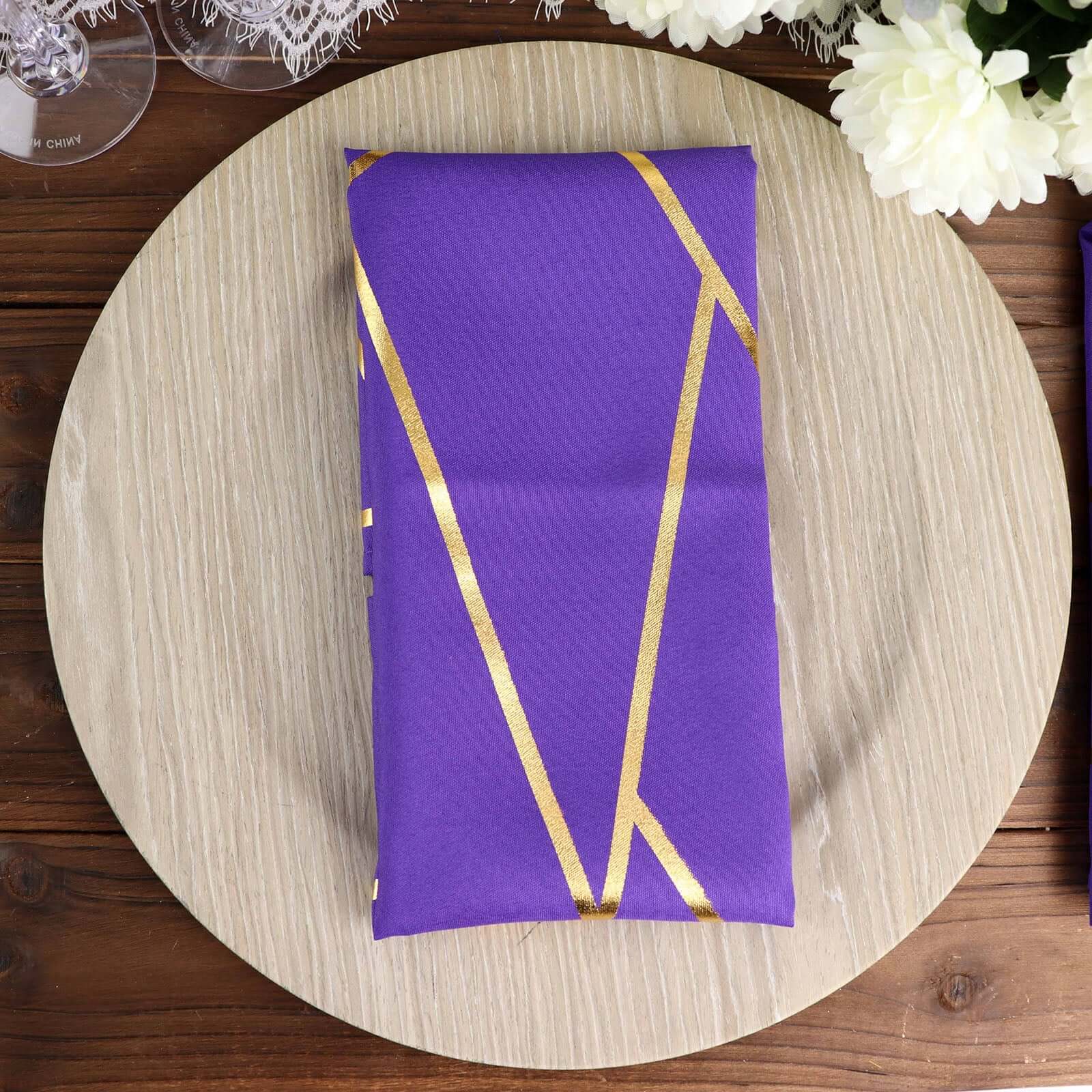 5 Pack Polyester Napkins 20"x20" Purple with Gold Geometric Foil Pattern - Modern Reusable Cloth Napkins - Image 7