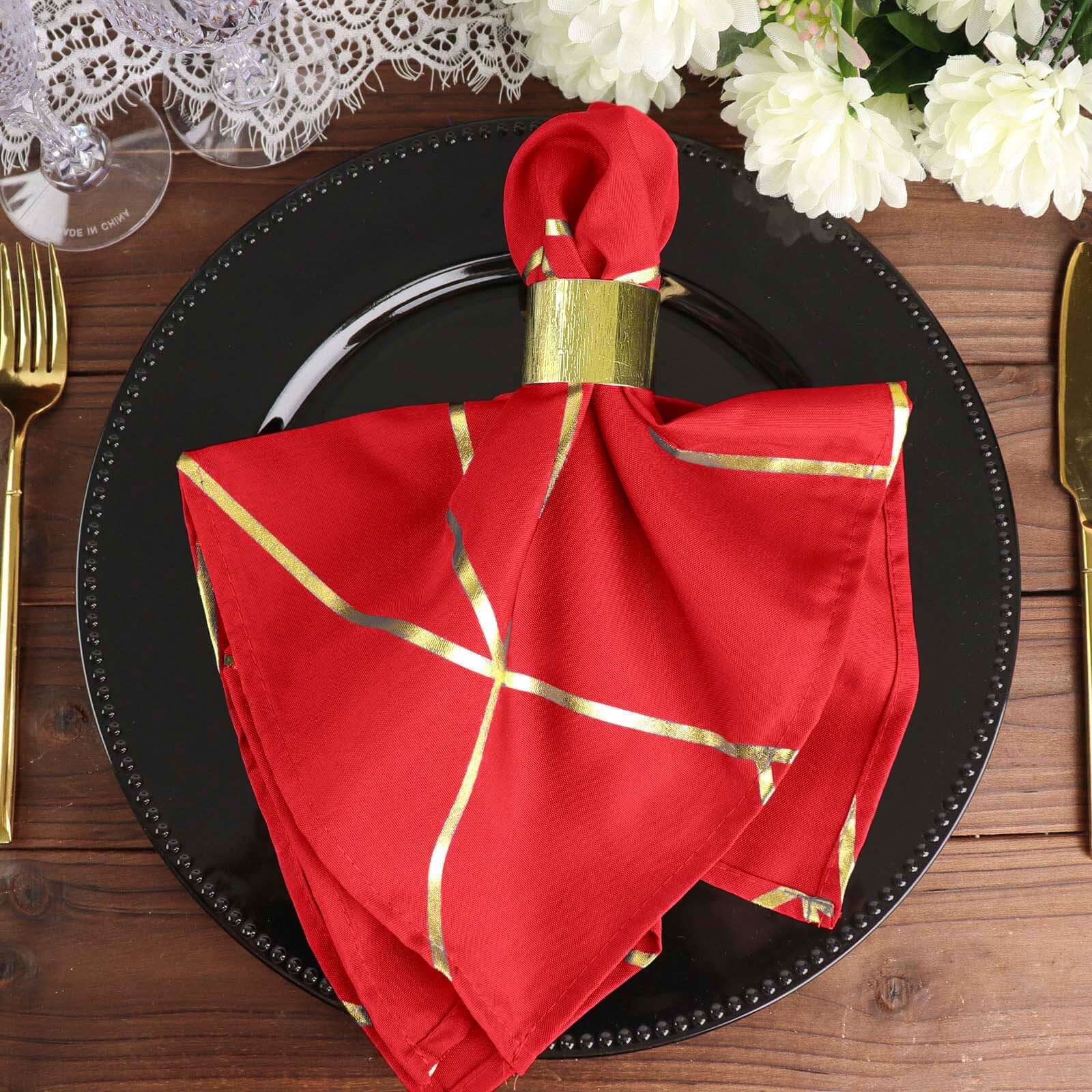 5 Pack Polyester Napkins 20"x20" Red with Gold Geometric Foil Pattern - Modern Reusable Cloth Napkins - Image 4