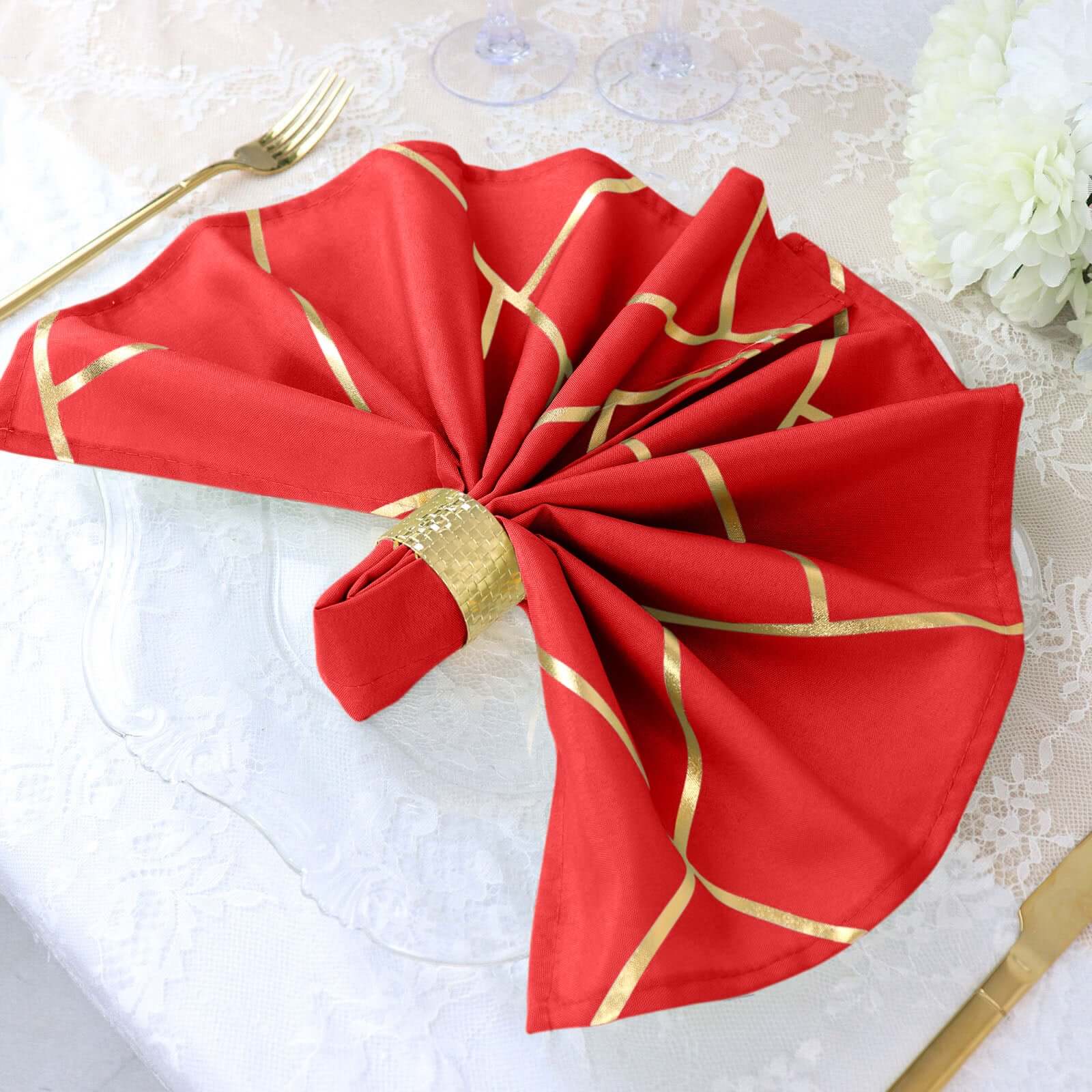 5 Pack Polyester Napkins 20"x20" Red with Gold Geometric Foil Pattern - Modern Reusable Cloth Napkins - Image 6