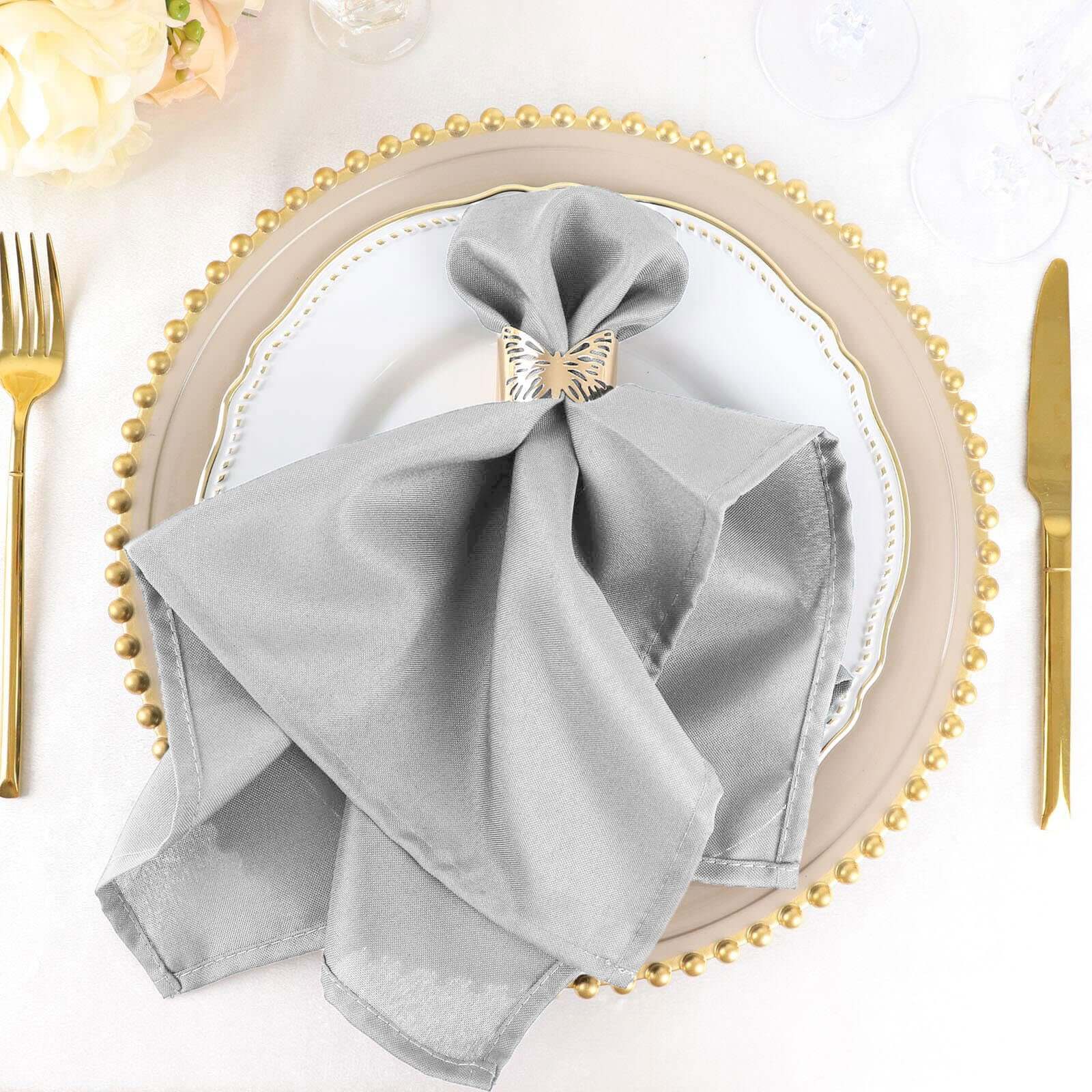 5 Pack Premium Polyester Napkins 20"x20" Silver - Durable & Wrinkle Resistant Dinner Napkins