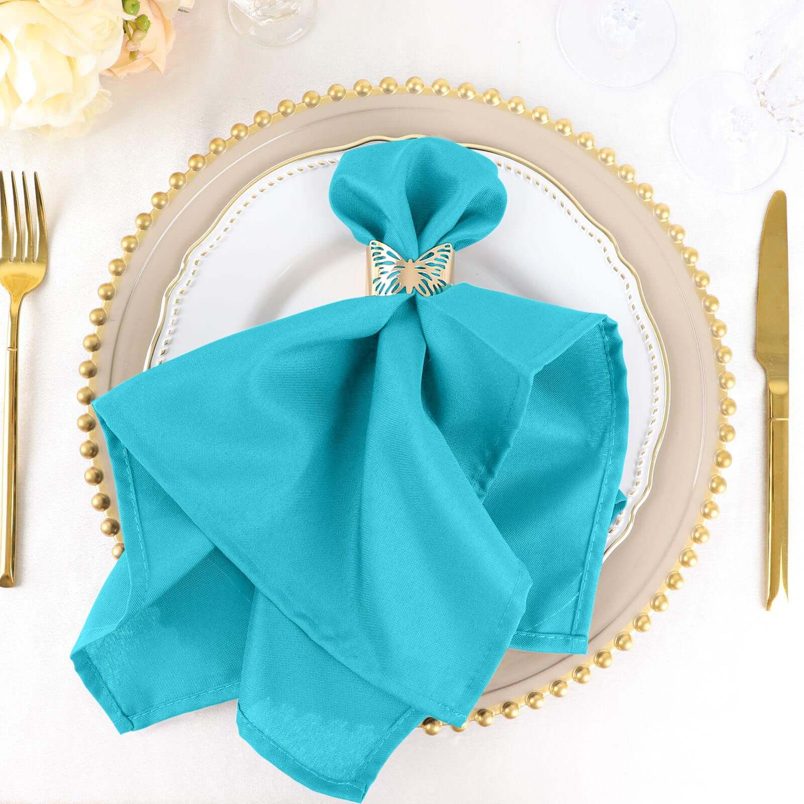 5 Pack Premium Polyester Napkins 20"x20" Turquoise - Durable & Wrinkle Resistant Dinner Napkins