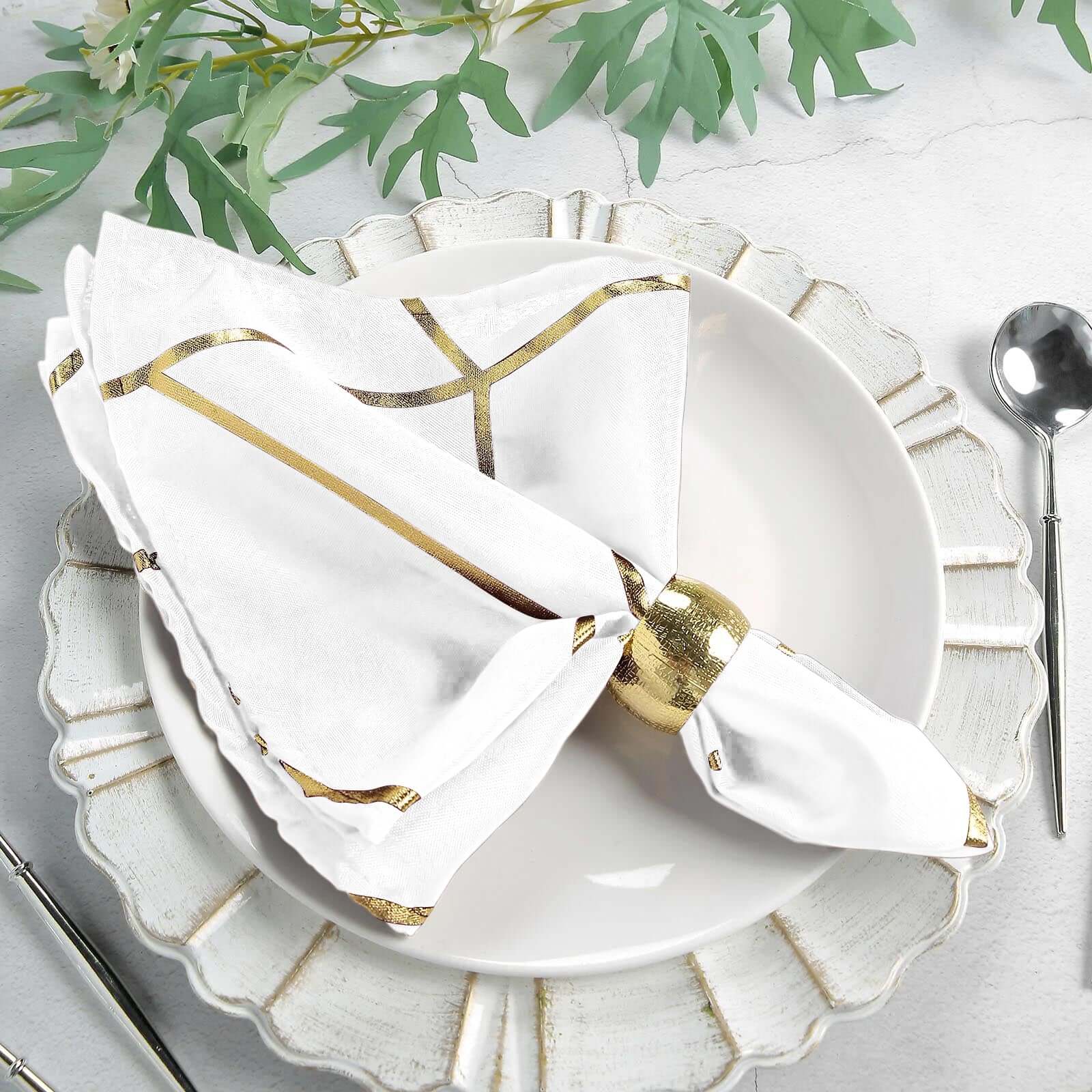 5 Pack Polyester Napkins 20"x20" White with Gold Geometric Foil Pattern - Modern Reusable Cloth Napkins for Home, Restaurants & Events - Image 5