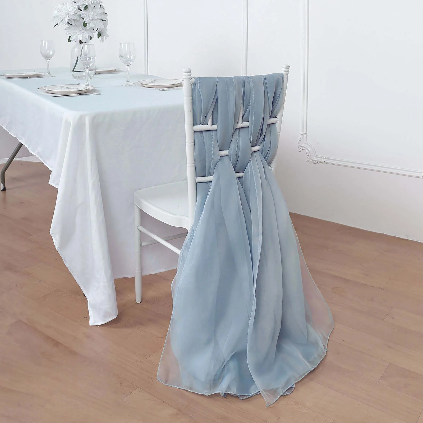 5 Pack Chiffon Chair Sashes 22"x78" Dusty Blue - Sheer Designer Chair Bows - Image 6