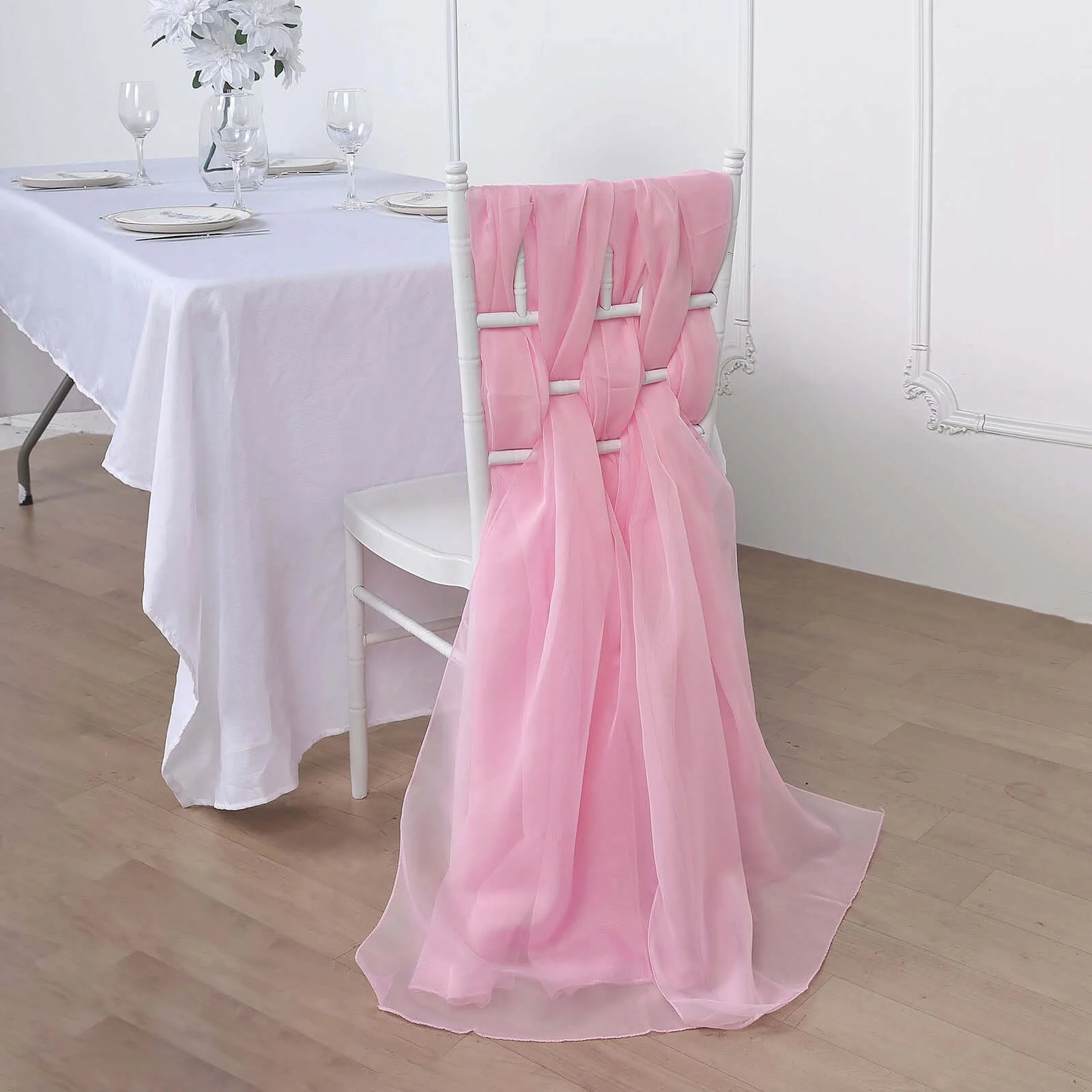 5 Pack Chiffon Chair Sashes 22"x78" Pink - Sheer Designer Chair Bows - Image 6