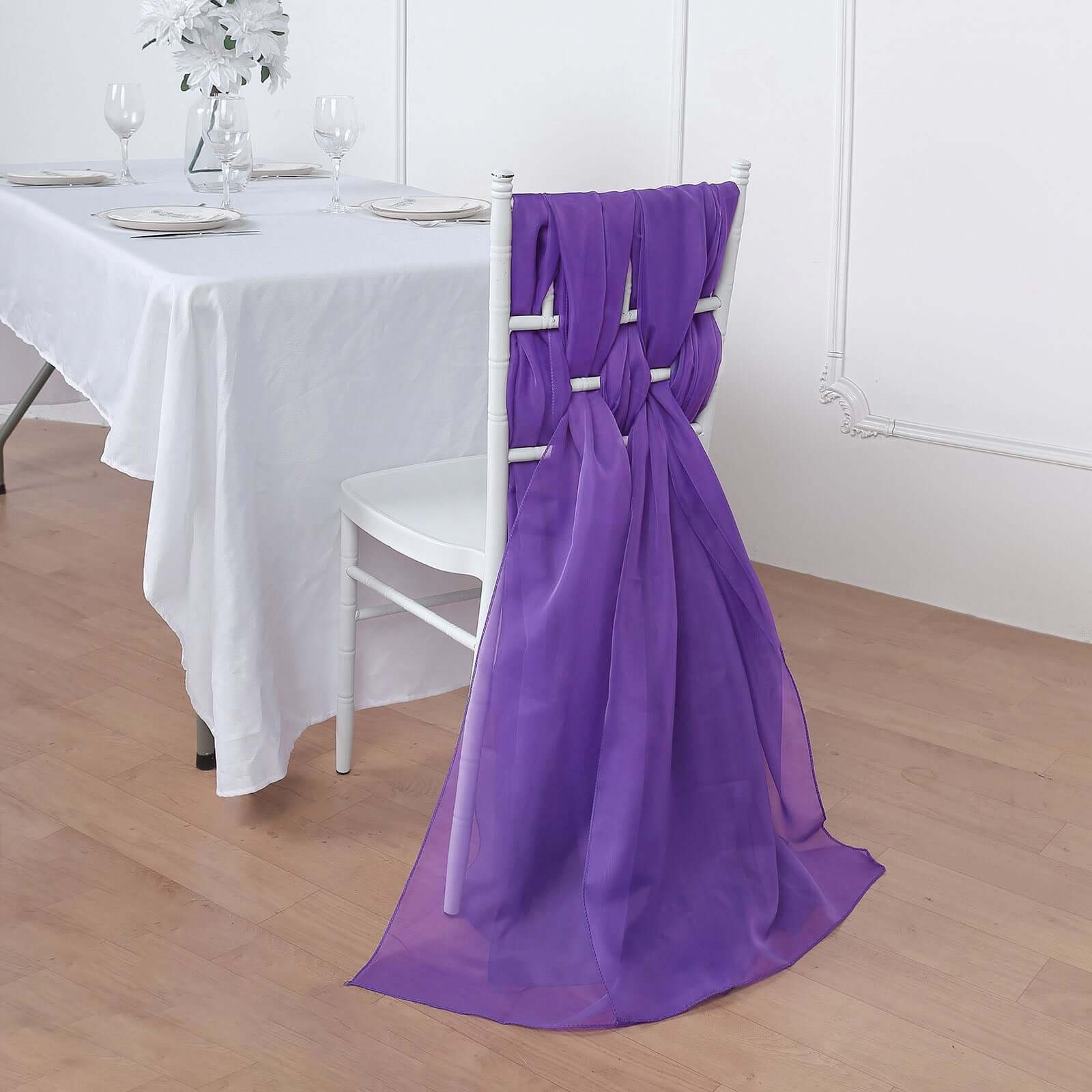 5 Pack Chiffon Chair Sashes 22"x78" Purple - Sheer Designer Chair Bows - Image 5