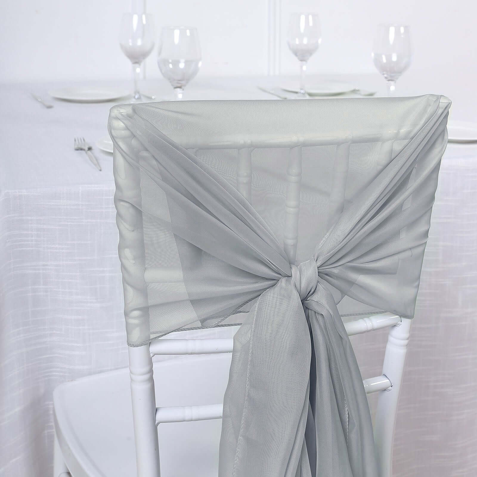 5 Pack Chiffon Chair Sashes 22"x78" Silver - Sheer Designer Chair Bows - Image 5