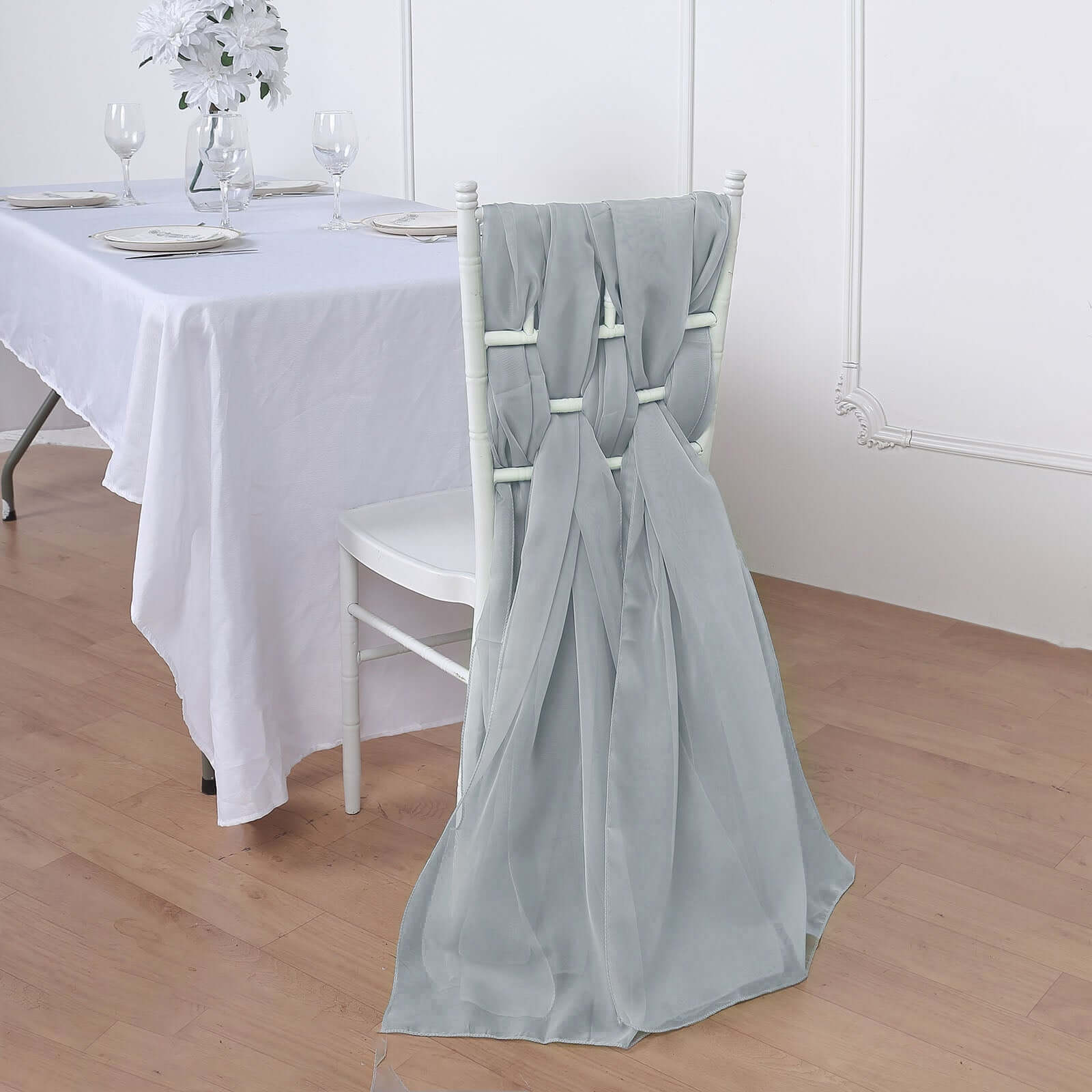 5 Pack Chiffon Chair Sashes 22"x78" Silver - Sheer Designer Chair Bows - Image 7