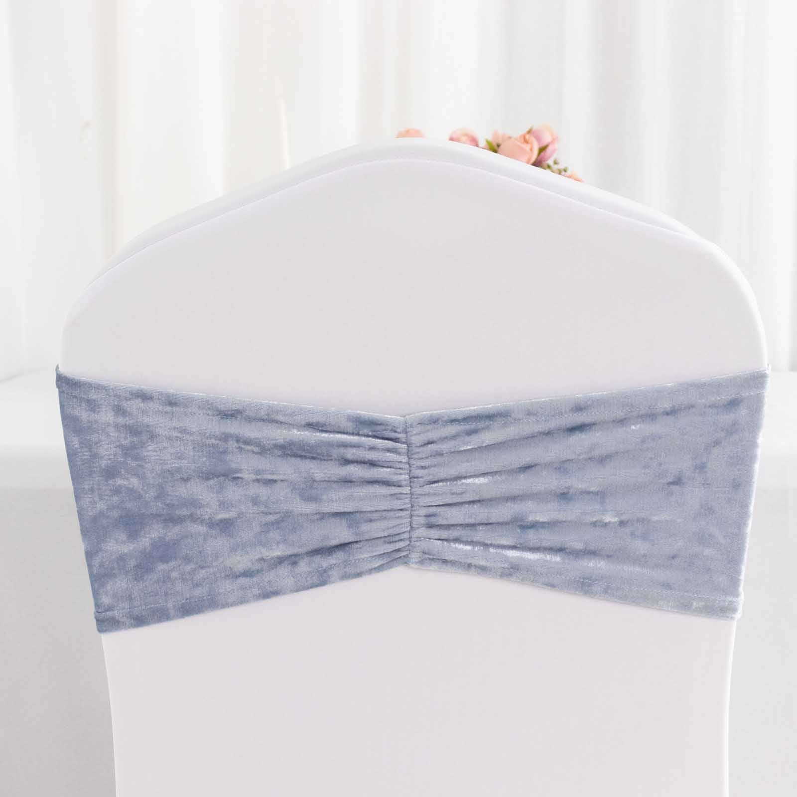 5 Pack Premium Crushed Velvet Chair Sashes Dusty Blue, Ruffle Style Textured Decorative Chair Bands