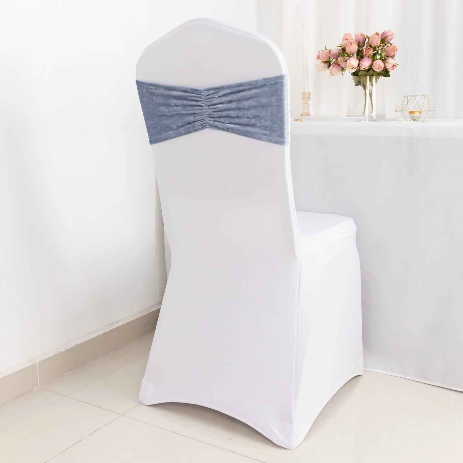 5 Pack Premium Crushed Velvet Chair Sashes Dusty Blue, Ruffle Style Textured Decorative Chair Bands - Image 2