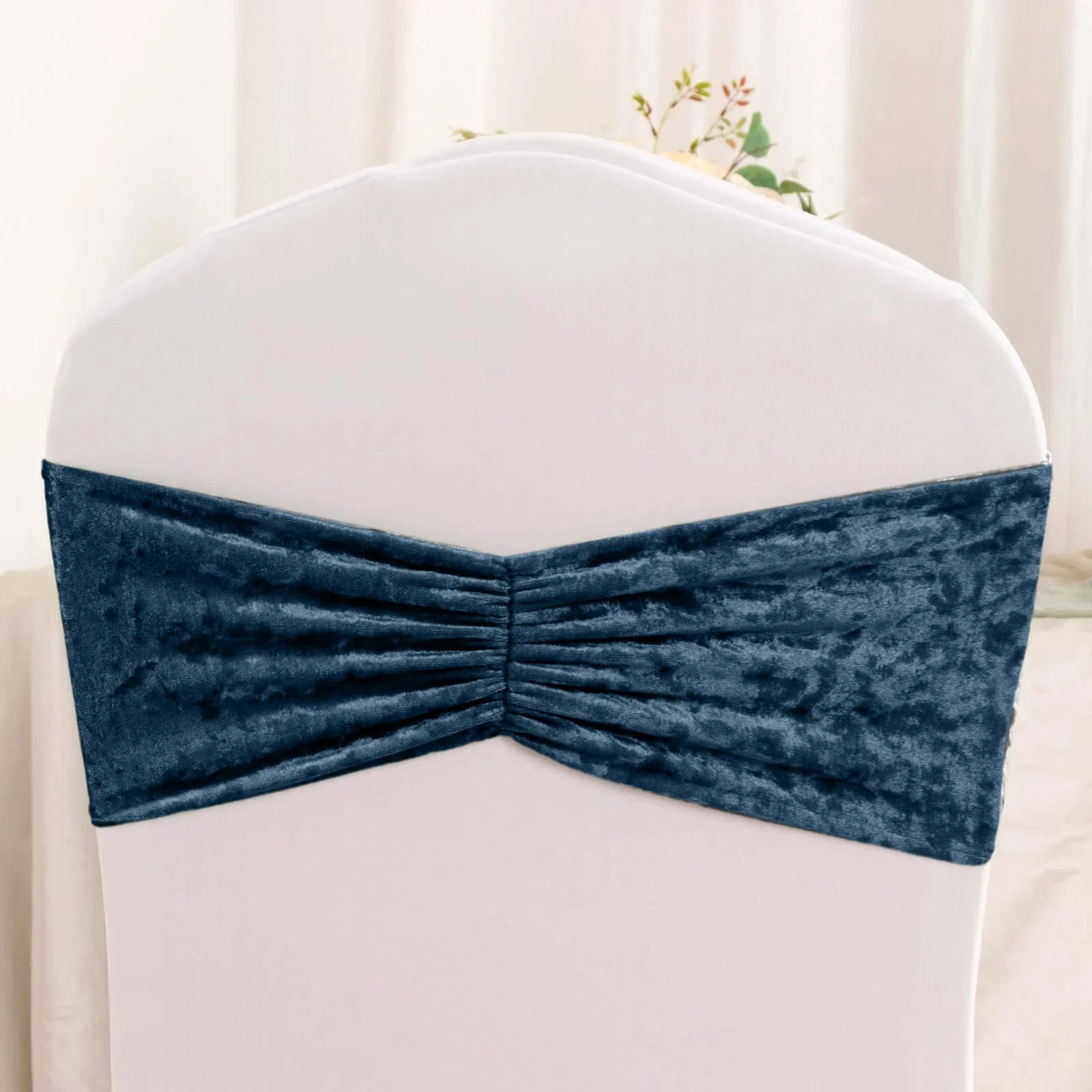5 Pack Premium Crushed Velvet Chair Sashes Navy Blue, Ruffle Style Textured Decorative Chair Bands - Image 3