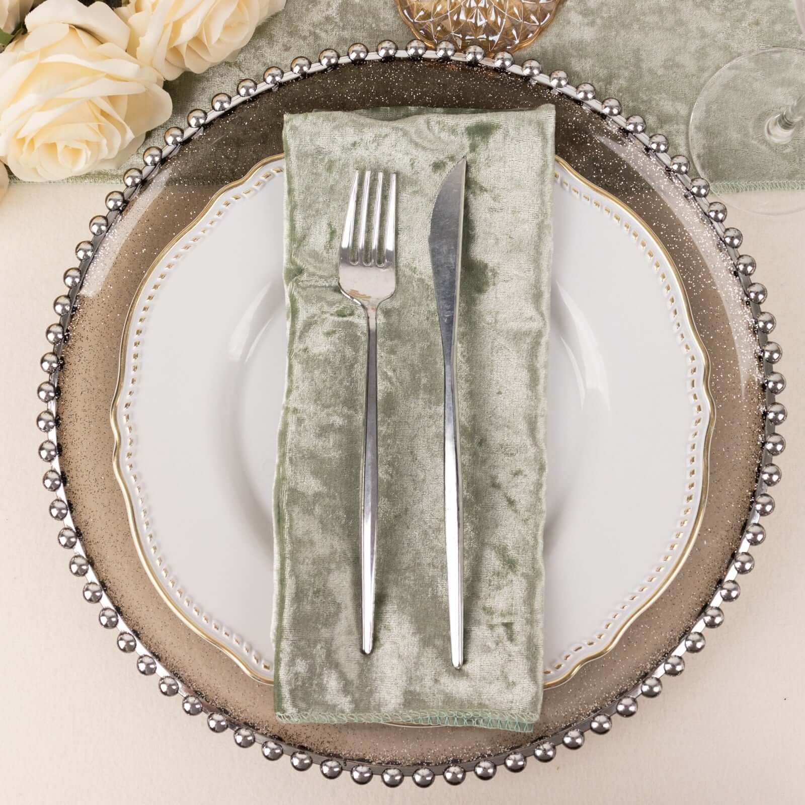 5 Pack Premium Crushed Velvet Napkins 20"x20" Sage Green - Exquisite Lustrous Cloth Napkins - Image 5