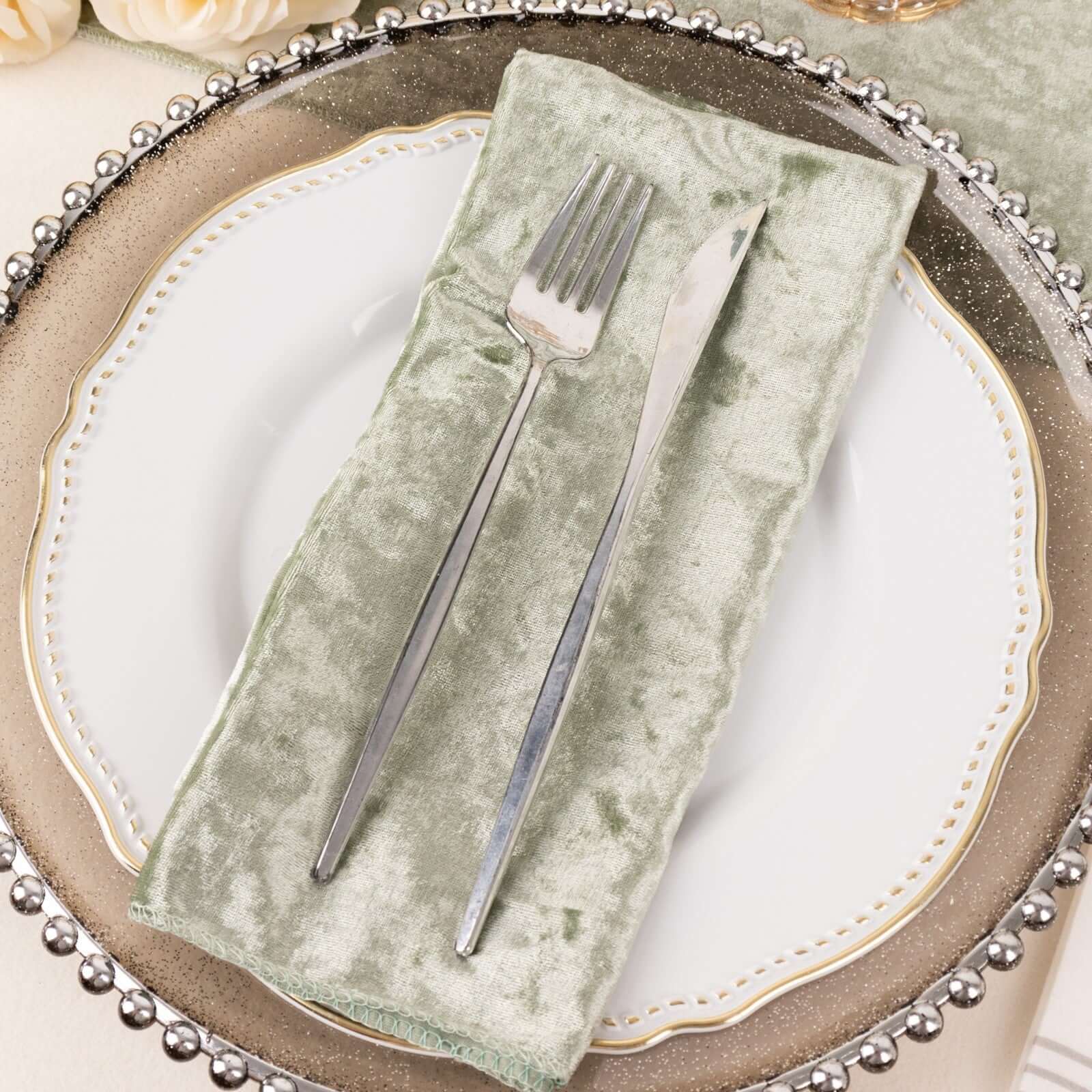 5 Pack Premium Crushed Velvet Napkins 20"x20" Sage Green - Exquisite Lustrous Cloth Napkins - Image 8