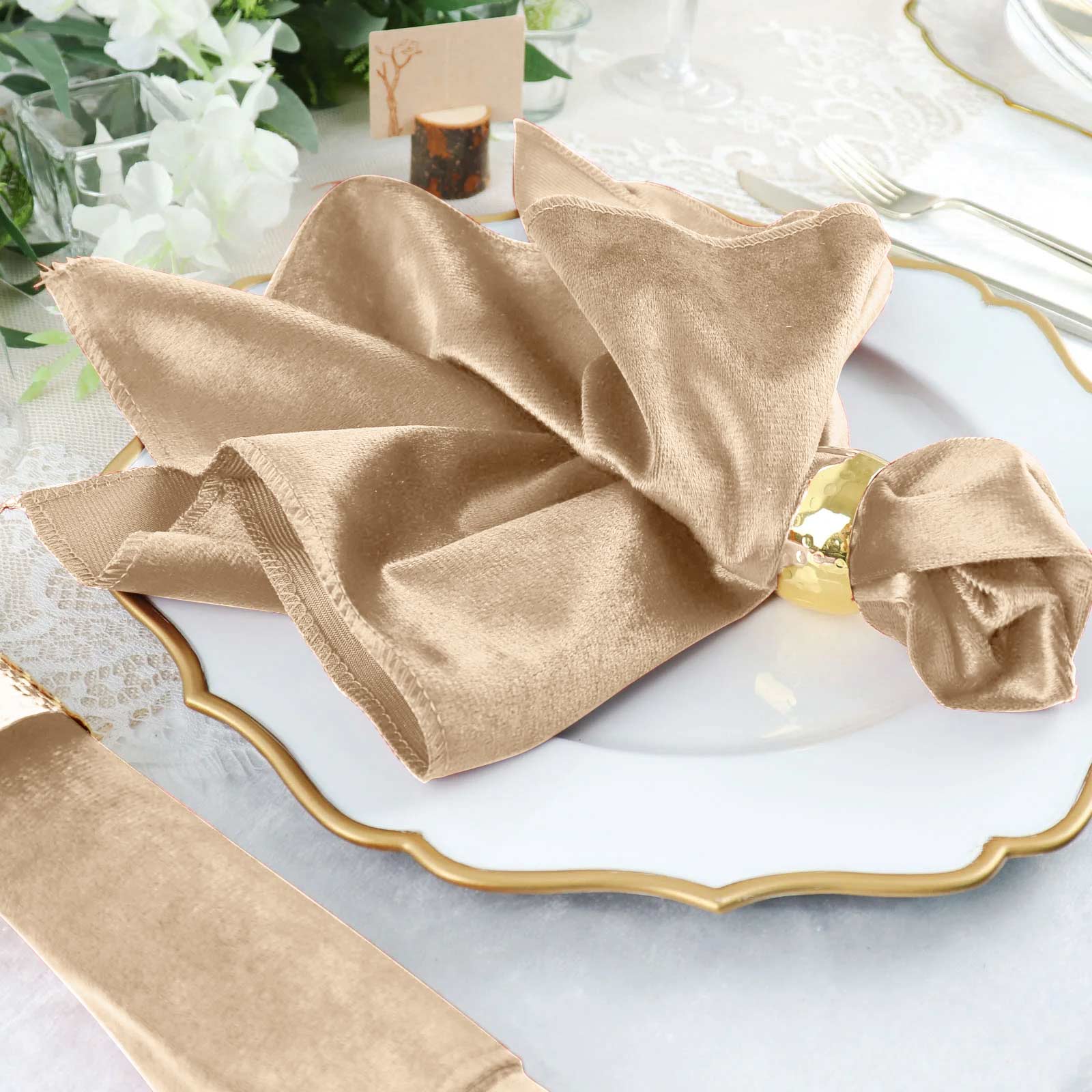 5 Pack Premium Velvet Napkins 20"x20" Champagne - Soft Sheen Finish Dinner Napkins - Image 2