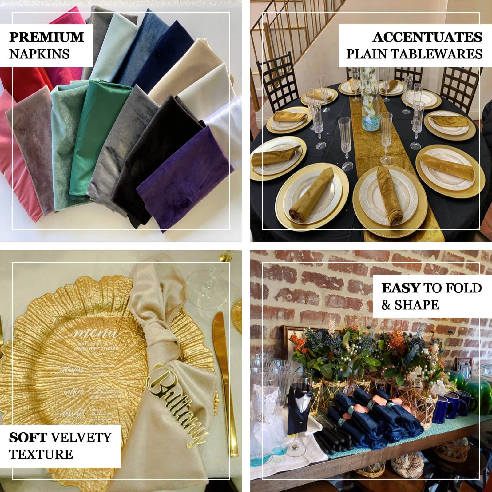5 Pack Premium Velvet Napkins 20"x20" Gold - Soft Sheen Finish Dinner Napkins for Luxe Weddings, Banquets & Parties - Image 4
