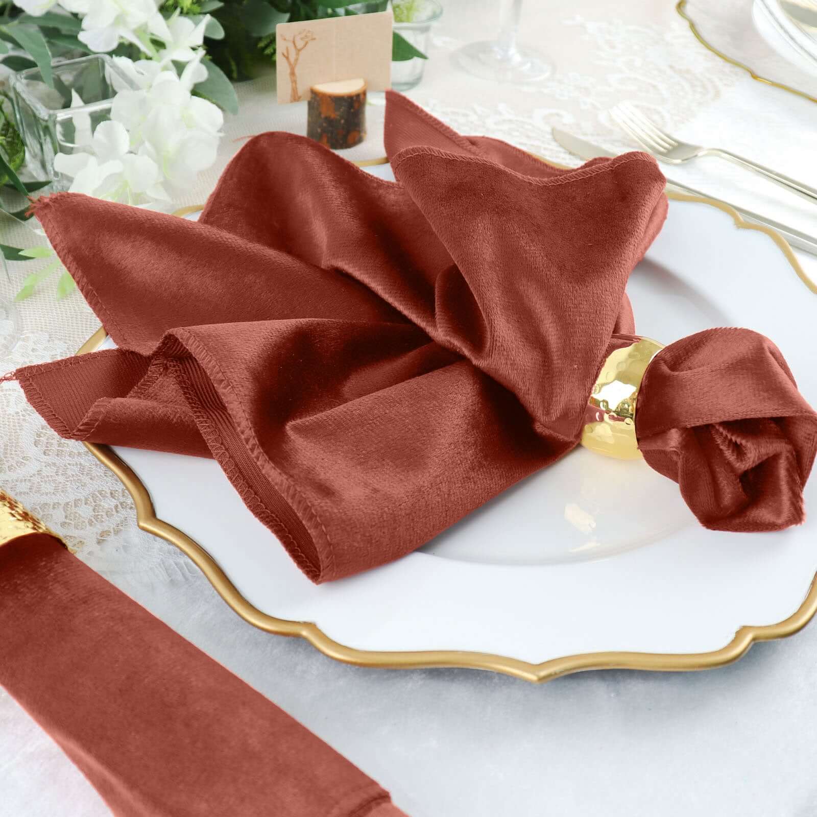 5 Pack Premium Velvet Napkins 20"x20" Terracotta (Rust) - Soft Sheen Finish Dinner Napkins - Image 2