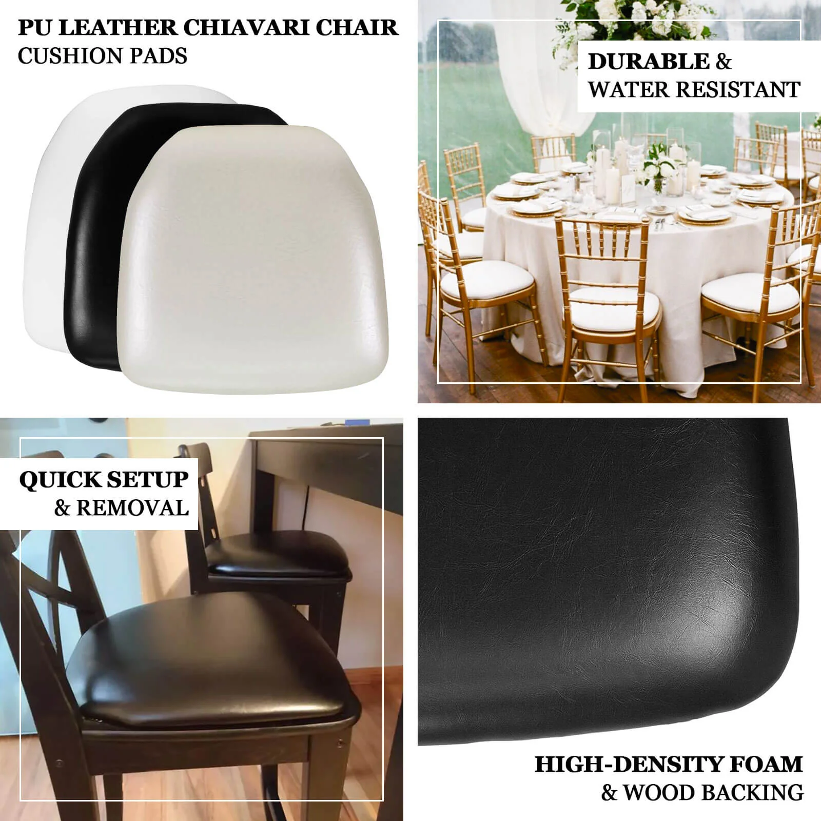 5 Pack PU Leather Chiavari Chair Cushion Pads with Wood Backing Ivory 1.5" Thick - Tie-Less Non-Slip Design for Dining Chairs 16" - Image 4