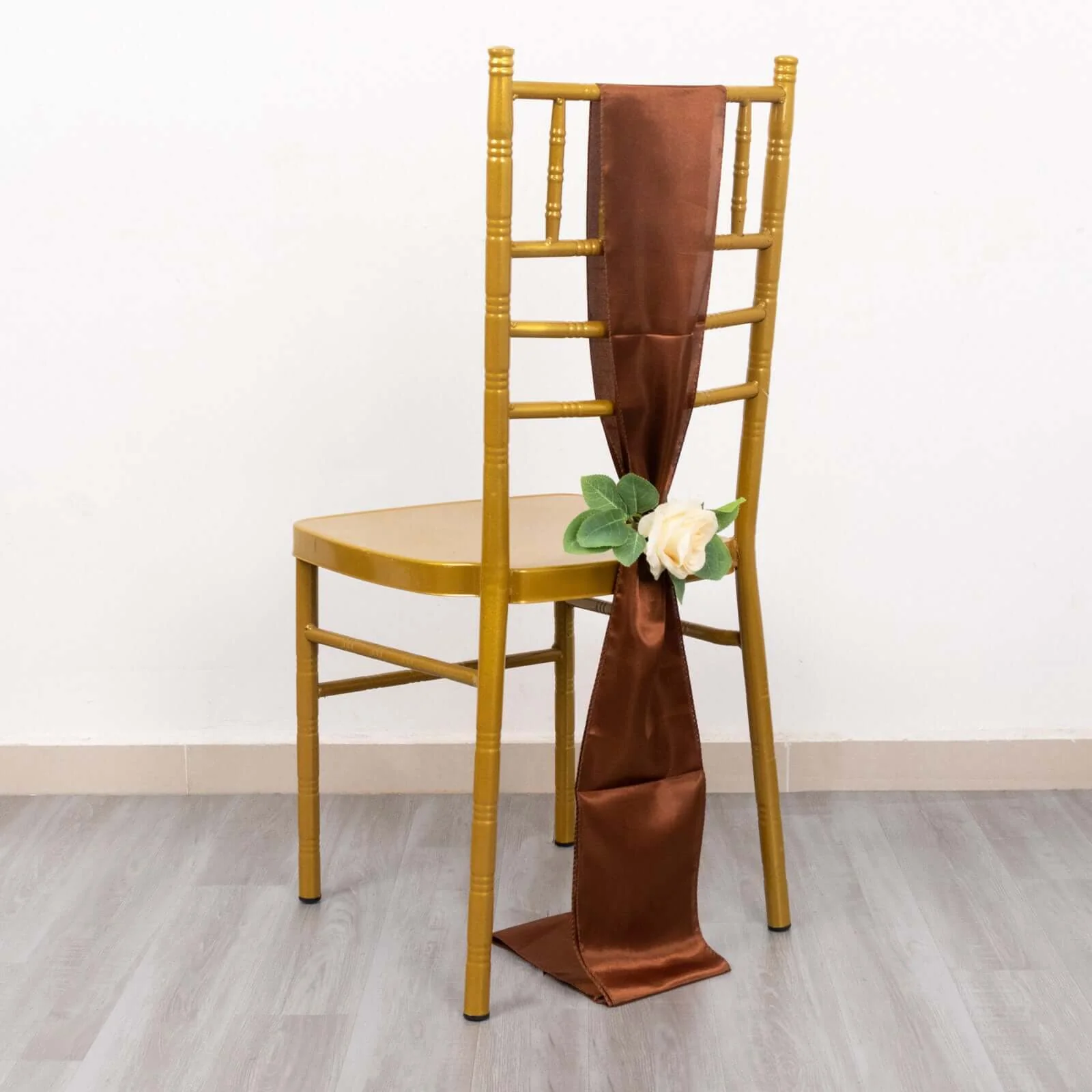5 Pack Satin Chair Sashes 6"x106" Cinnamon Brown - Reusable Chair Bows with Smooth Finish - Image 4
