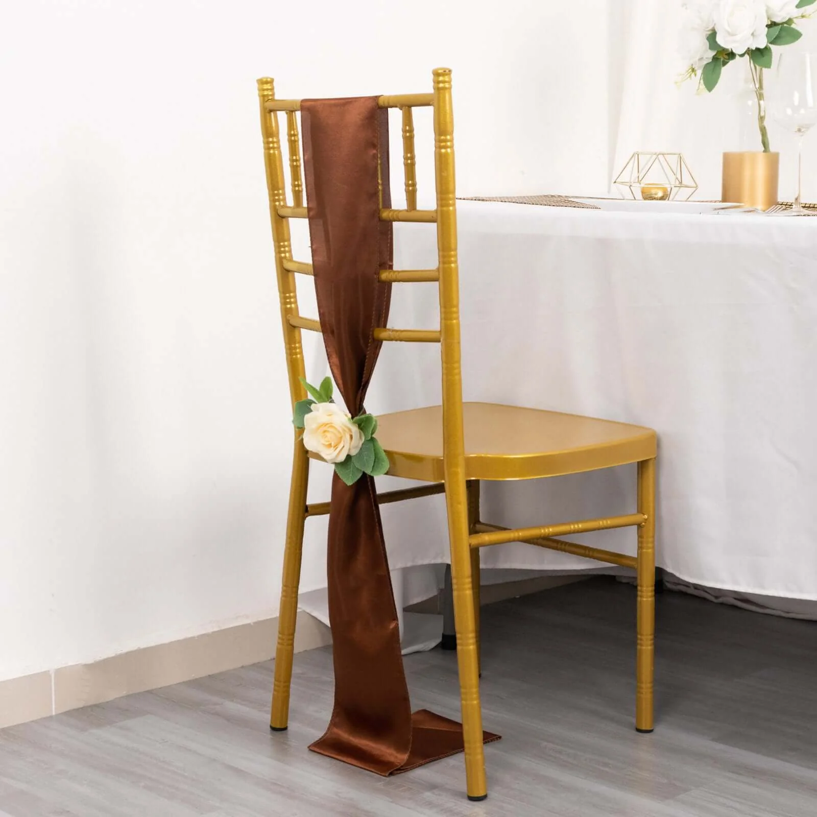 5 Pack Satin Chair Sashes 6"x106" Cinnamon Brown - Reusable Chair Bows with Smooth Finish - Image 9